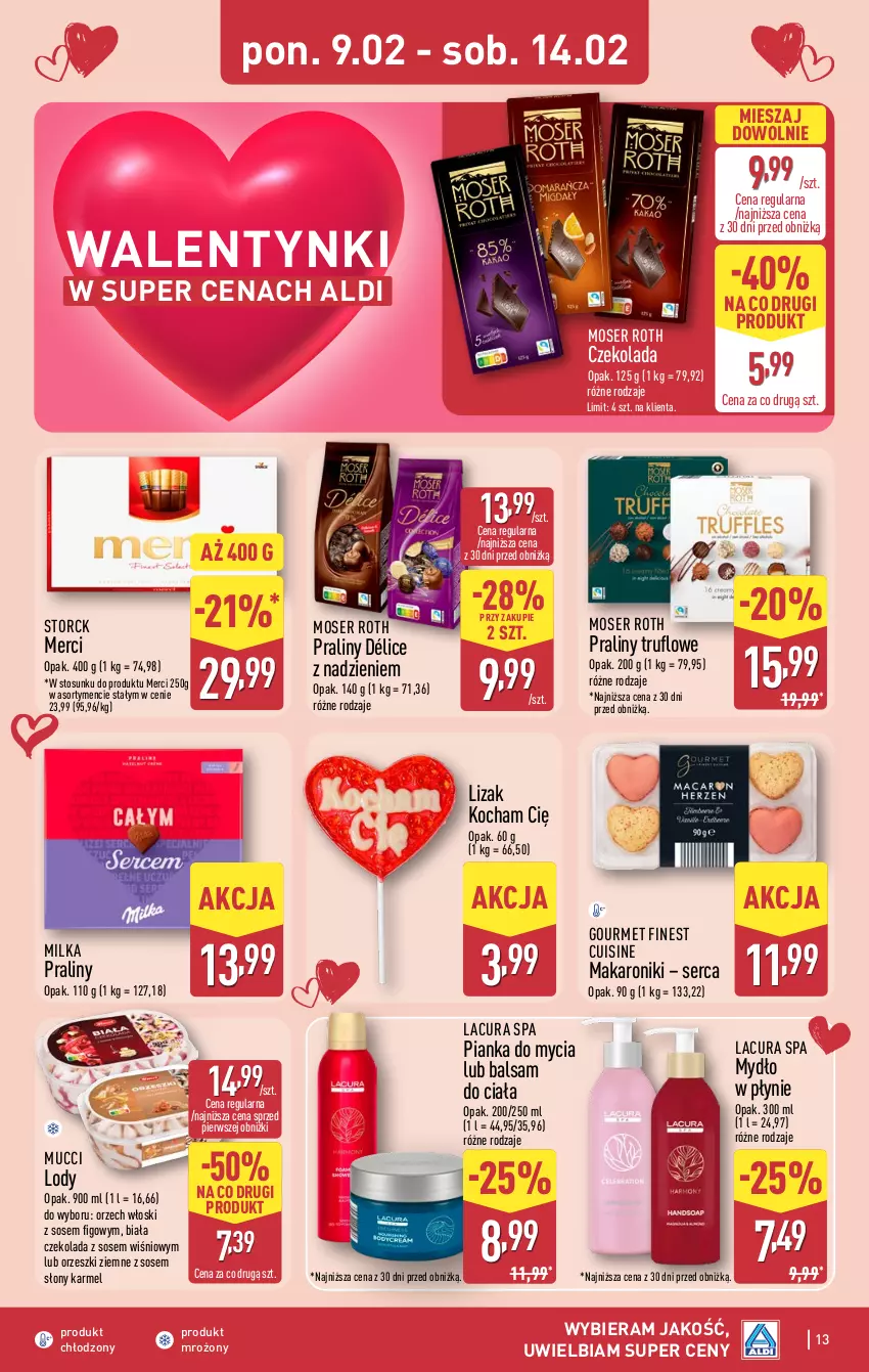 Gazetka promocyjna Aldi - Oferta weekendowa - ważna 12.02 do 14.02.2026 - strona 13 - produkty: Balsam do ciała, Czekolada, Koc, Lody, Makaron, Merci, Milka, Moser Roth, Mydło, Mydło w płynie, Orzeszki, Orzeszki ziemne, Praliny, Ser, Sos