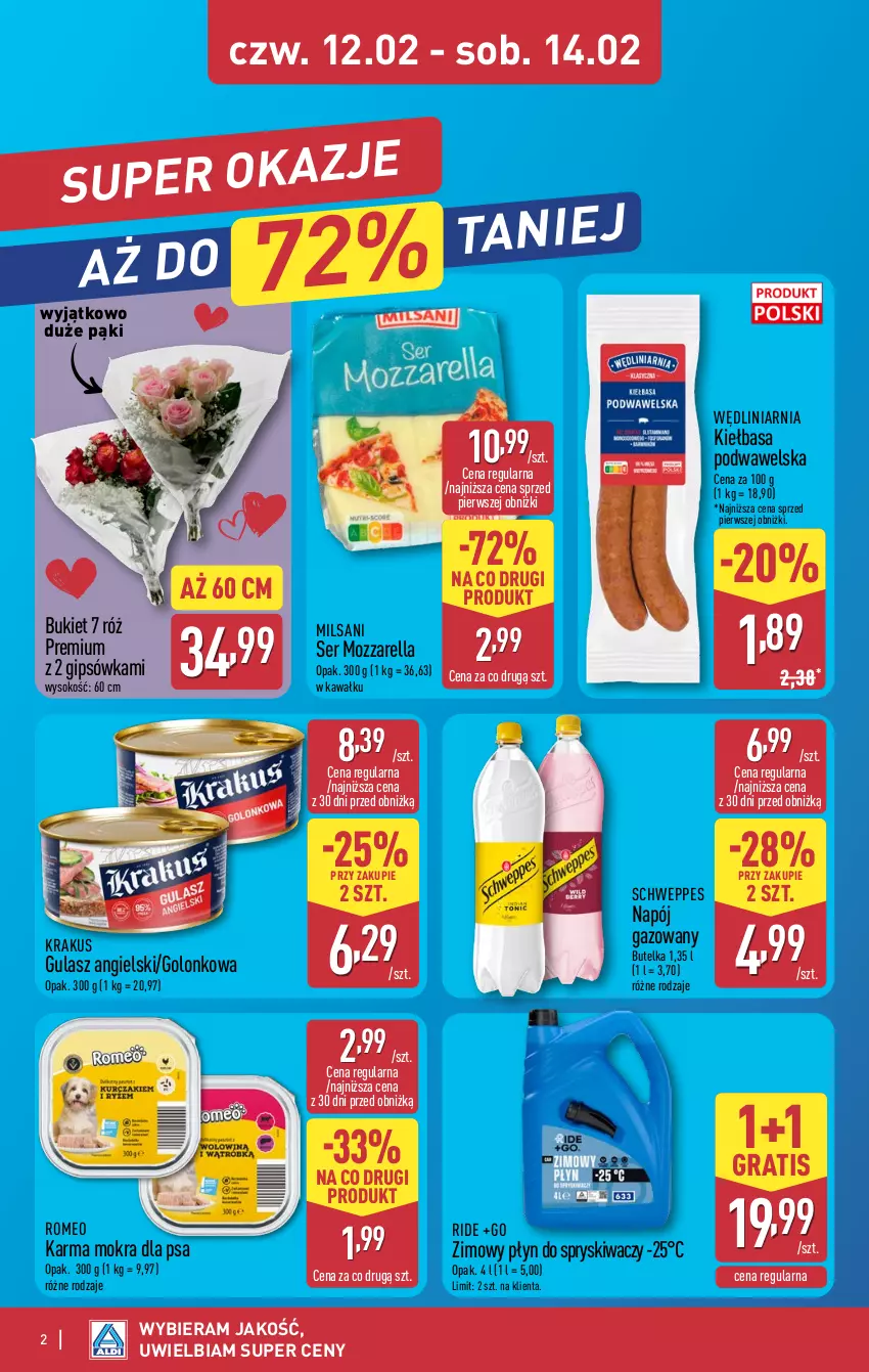 Gazetka promocyjna Aldi - Oferta weekendowa - ważna 12.02 do 14.02.2026 - strona 2 - produkty: Bukiet, Gra, Kawa, Kiełbasa, Kiełbasa podwawelska, Krakus, Mozzarella, Napój, Napój gazowany, Płyn do spryskiwaczy, Schweppes, Ser, Sok, Wawel