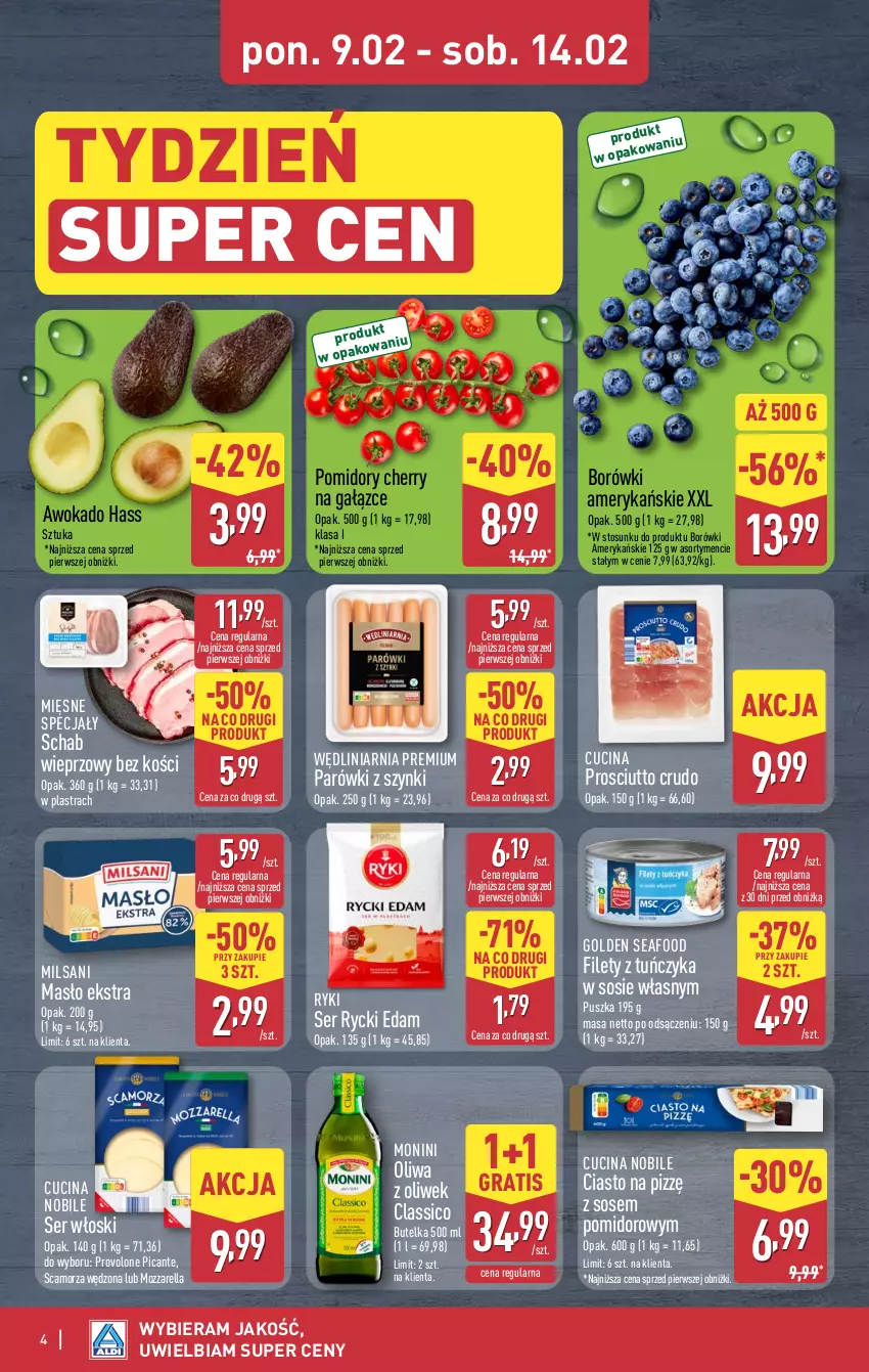 Gazetka promocyjna Aldi - Oferta weekendowa - ważna 12.02 do 14.02.2026 - strona 4 - produkty: Edam, Golden Seafood, Gra, Masło, Mięsne specjały, Monini, Mozzarella, Oliwa, Oliwa z oliwek, Parówki, Parówki z szynki, Pomidory, Prosciutto, Rycki Edam, Scamorza, Schab wieprzowy, Ser, Sos, Tuńczyk