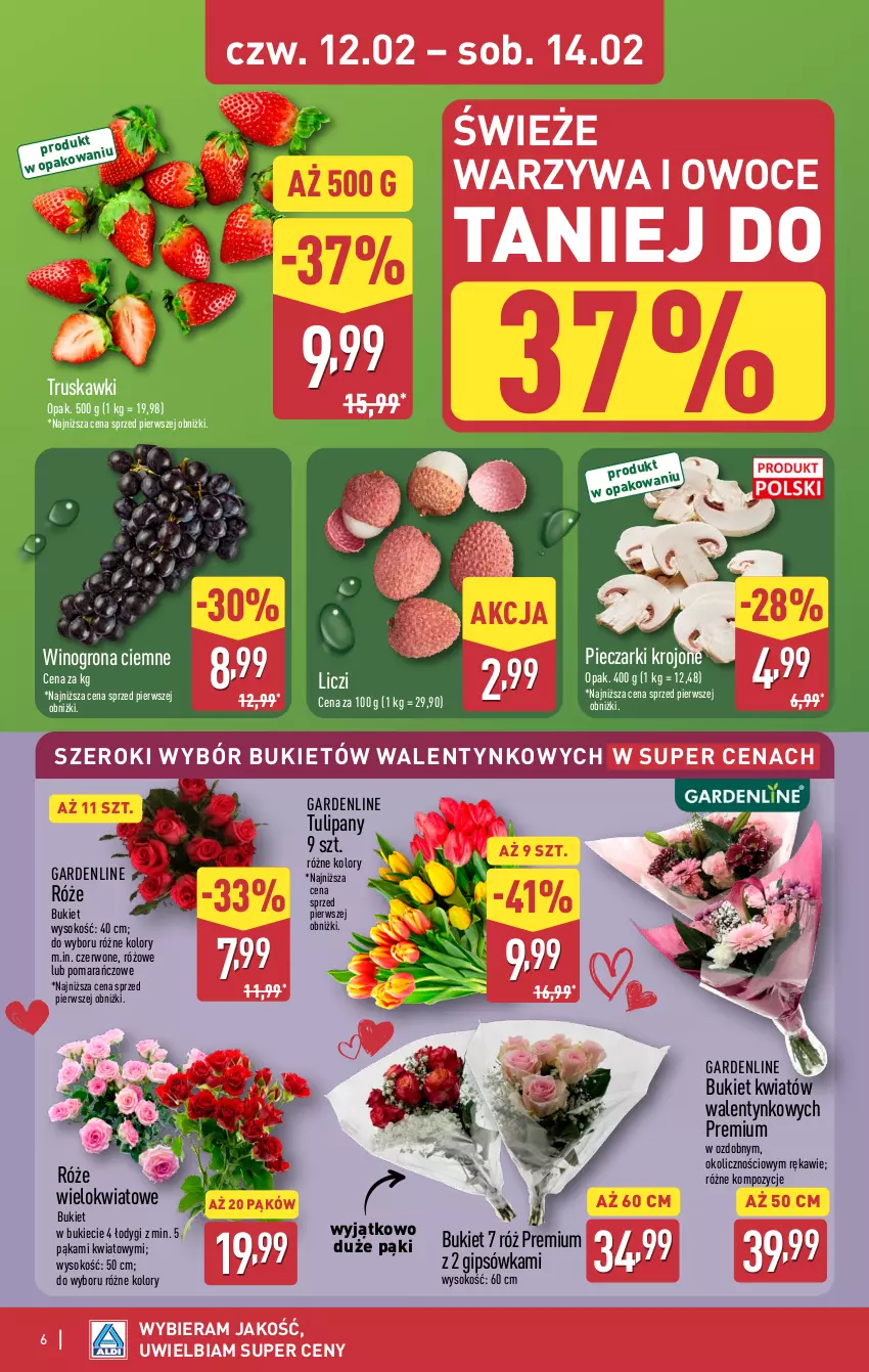 Gazetka promocyjna Aldi - Oferta weekendowa - ważna 12.02 do 14.02.2026 - strona 6 - produkty: Bukiet, Liczi, Owoce, Piec, Pieczarki krojone, Sok, Truskawki, Tulipan, Warzywa, Warzywa i owoce, Wino, Winogrona