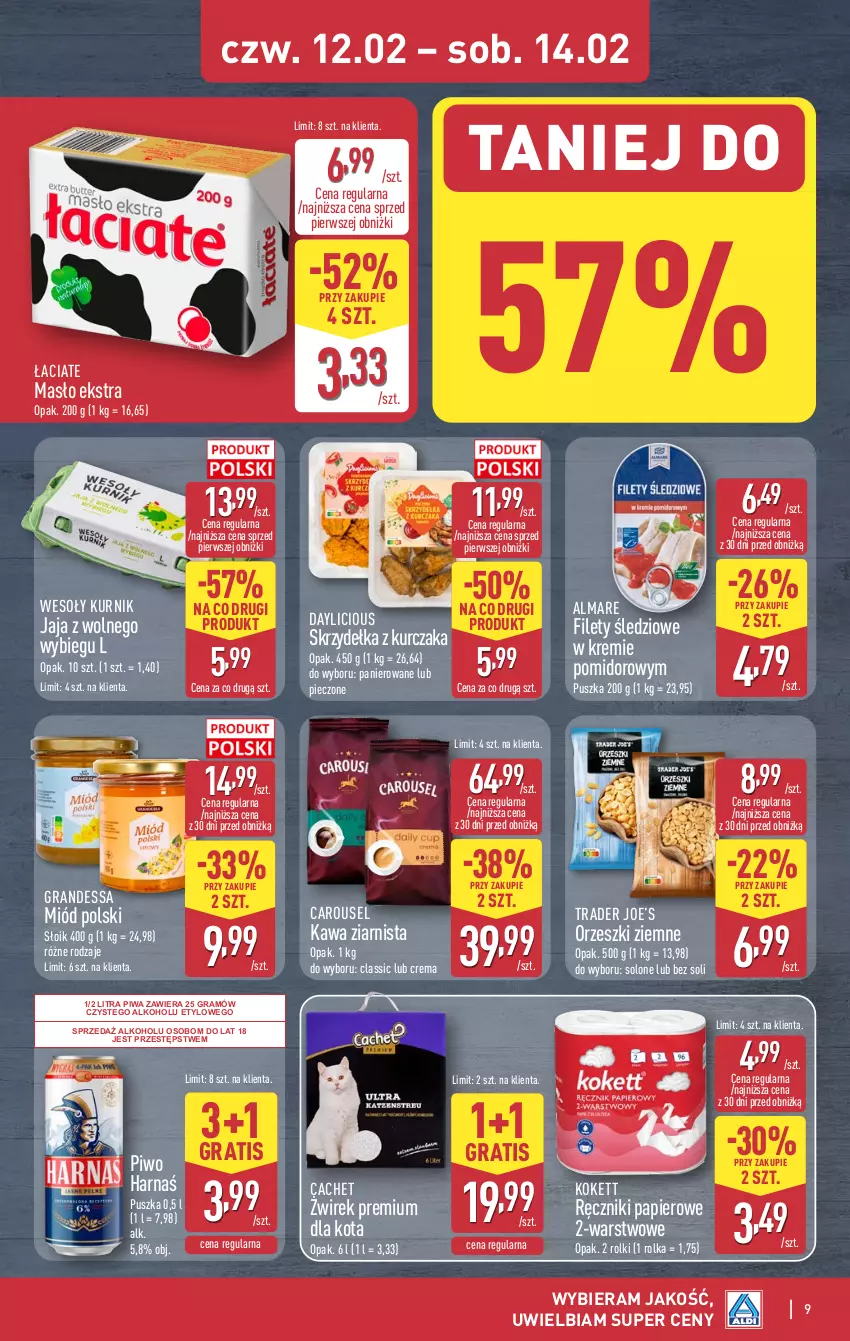 Gazetka promocyjna Aldi - Oferta weekendowa - ważna 12.02 do 14.02.2026 - strona 9 - produkty: Gra, Harnaś, Jaja, Jaja z wolnego wybiegu, Kawa, Kawa ziarnista, Kurczak, Masło, Miód, Orzeszki, Orzeszki ziemne, Papier, Piec, Piwa, Piwo, Ręcznik, Ręczniki papierowe, Rolki, Skrzydełka z kurczaka