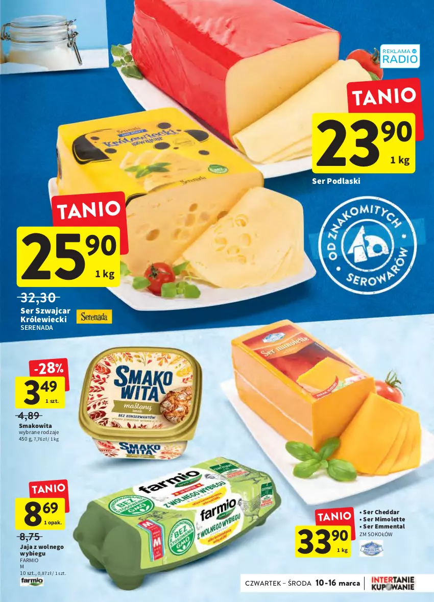 Gazetka promocyjna Intermarche - Świeżo i tanio - ważna 10.03 do 16.03.2022 - strona 21 - produkty: Cheddar, Emmental, Fa, Jaja, Jaja z wolnego wybiegu, Mimolette, Podlaski, Ser, Smakowita, Sok, Sokołów