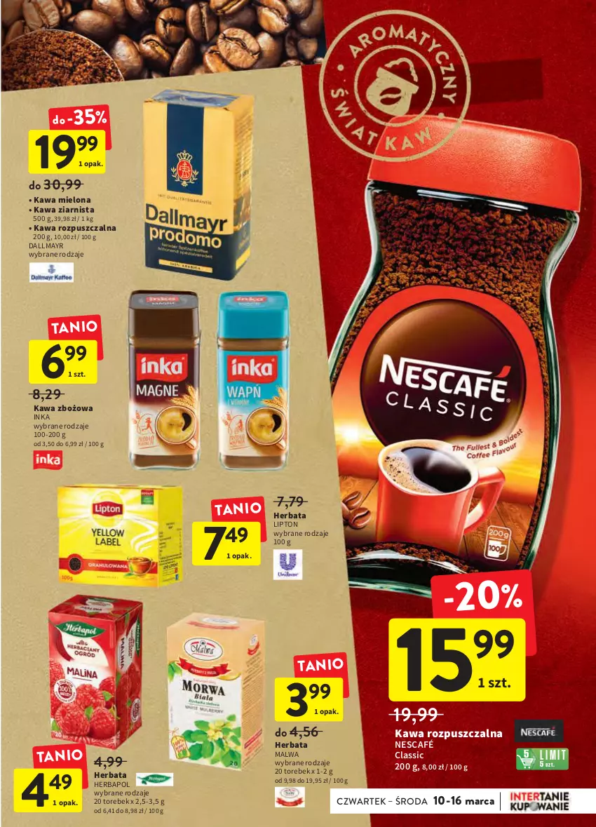 Gazetka promocyjna Intermarche - Świeżo i tanio - ważna 10.03 do 16.03.2022 - strona 23 - produkty: Dallmayr, Herbapol, Herbata, Inka, Kawa, Kawa mielona, Kawa rozpuszczalna, Kawa zbożowa, Kawa ziarnista, Lipton, Nescafé