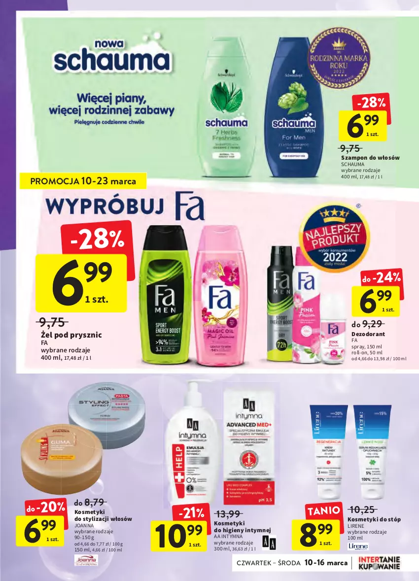 Gazetka promocyjna Intermarche - Świeżo i tanio - ważna 10.03 do 16.03.2022 - strona 33 - produkty: Dezodorant, Fa, Joanna, Lirene, Schauma, Szampon