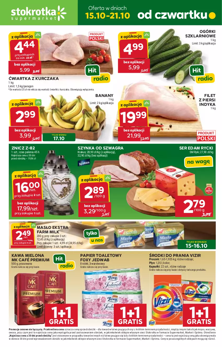Gazetka promocyjna Stokrotka - Supermarket - ważna 15.10 do 21.10.2026 - strona 1 - produkty: Banany, Edam, Fa, Farm Milk, Filet z piersi indyka, Foxy, Gra, Kawa, Kawa mielona, Krakus, Kurczak, Masło, Mięso, Optima, Owoce, Papier, Papier toaletowy, Ser, Szynka, Vizir, Warzywa, Znicz