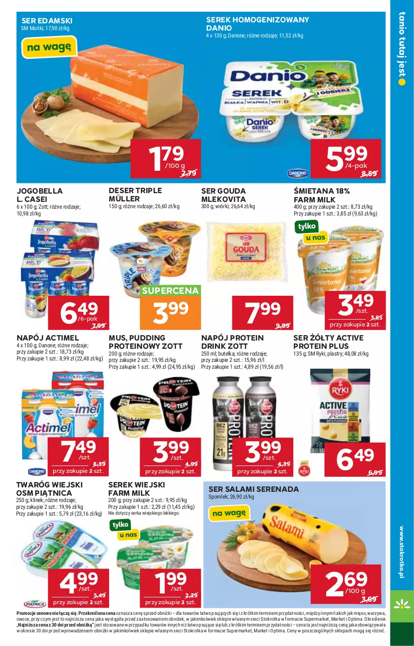 Gazetka promocyjna Stokrotka - Supermarket - ważna 15.10 do 21.10.2026 - strona 23 - produkty: Actimel, Bell, Bella, Danio, Danone, Deser, Edam, Fa, Farm Milk, Gouda, Jogobella, Mięso, Mleko, Mlekovita, Müller, Mus, Napój, Optima, Owoce, Piątnica, Pudding, Salami, Ser, Ser salami, Serek, Serek homogenizowany, Serek wiejski, Twaróg, Warzywa, Zott