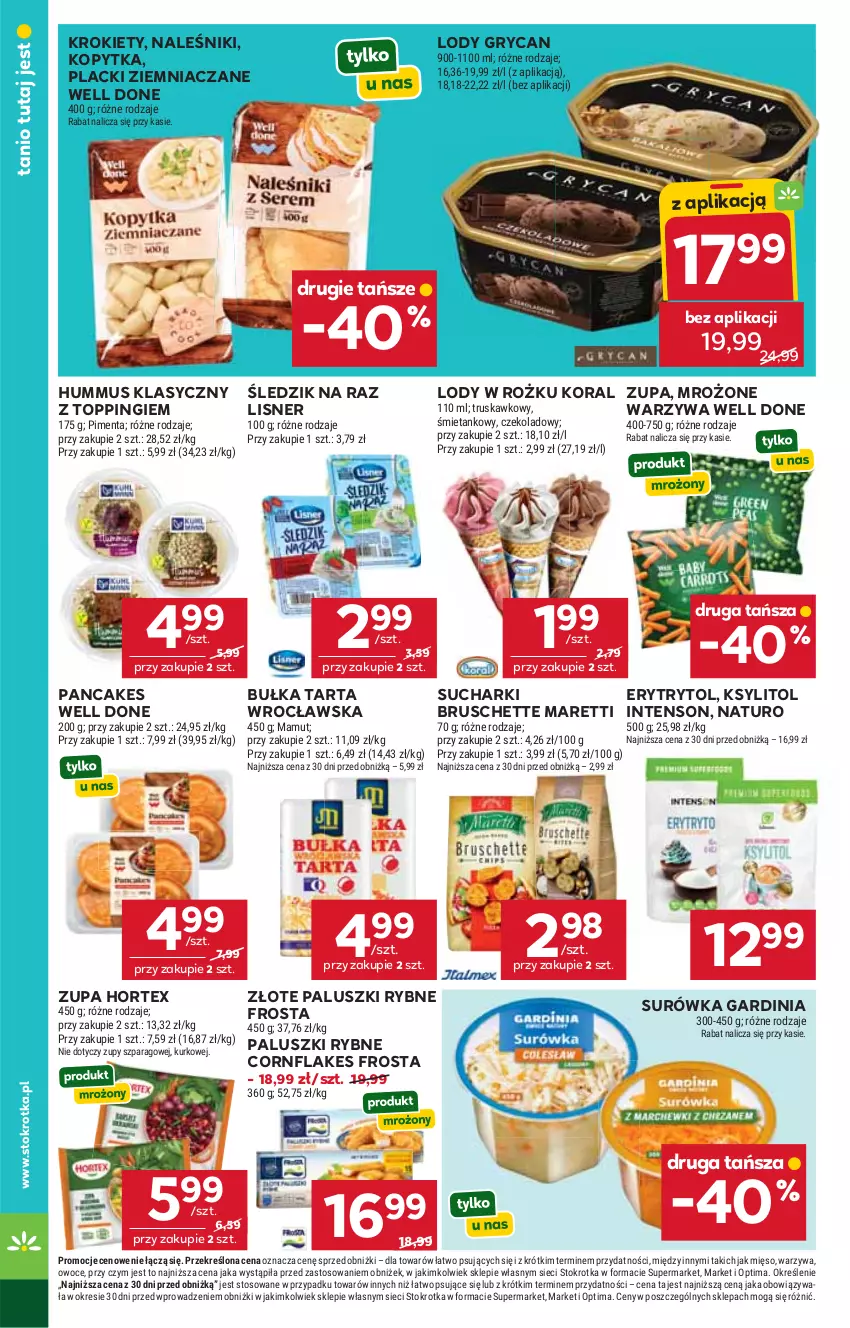 Gazetka promocyjna Stokrotka - Supermarket - ważna 15.10 do 21.10.2026 - strona 34 - produkty: Bruschette, Bułka, Bułka tarta, Frosta, Gry, Hortex, Hummus, Kopytka, Krokiety, Ksylitol, Lack, Lisner, Lody, Mięso, Mus, Naleśniki, Optima, Owoce, Paluszki rybne, Surówka, Tarta, Top, Warzywa, Zupa