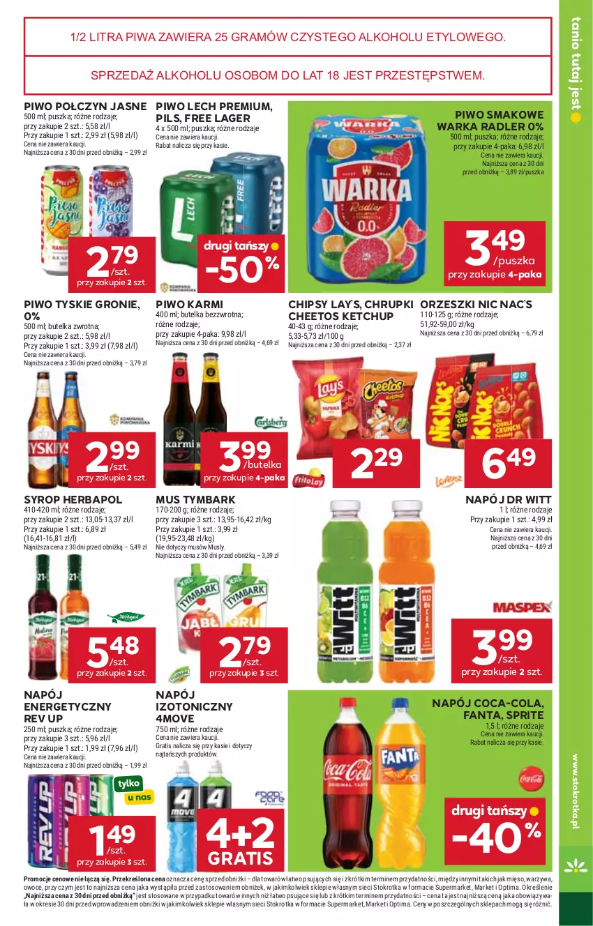 Gazetka promocyjna Stokrotka - Supermarket - ważna 15.10 do 21.10.2026 - strona 35 - produkty: Cheetos, Chipsy, Chrupki, Coca-Cola, Fa, Fanta, Gra, Herbapol, Karmi, Ketchup, Lay’s, Lech Premium, Mięso, Mus, Napój, Napój energetyczny, Napój izotoniczny, Optima, Orzeszki, Owoce, Piwa, Piwo, Radler, Sprite, Syrop, Tymbark, Tyskie, Warka, Warzywa