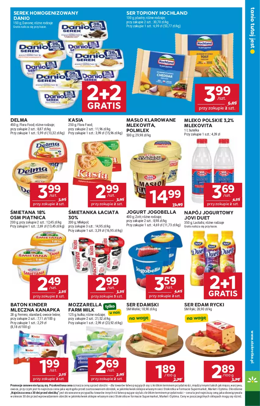 Gazetka promocyjna Stokrotka - Market - ważna 29.10 do 04.11.2026 - strona 14 - produkty: Baton, Bell, Bella, Danio, Danone, Delma, Edam, Fa, Farm Milk, Ferrero, Flora, Gra, Hochland, Jogobella, Jogurt, Kasia, Kinder, Masło, Masło klarowane, Mięso, Mleczna kanapka, Mleko, Mlekovita, Mozzarella, Napój, Napój jogurtowy, Optima, Owoce, Piątnica, POLMLEK, Ser, Ser topiony, Serek, Serek homogenizowany, Top, Warzywa, Zott