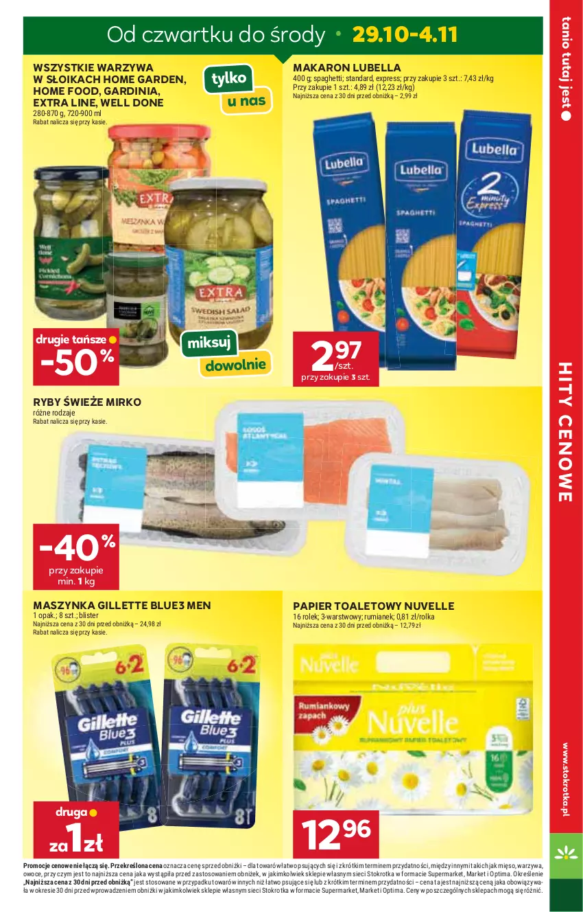 Gazetka promocyjna Stokrotka - Market - ważna 29.10 do 04.11.2026 - strona 4 - produkty: Bell, Bella, Gillette, Lubella, Makaron, Maszynka, Mięso, Optima, Owoce, Papier, Papier toaletowy, Rum, Spaghetti, Szynka, Warzywa