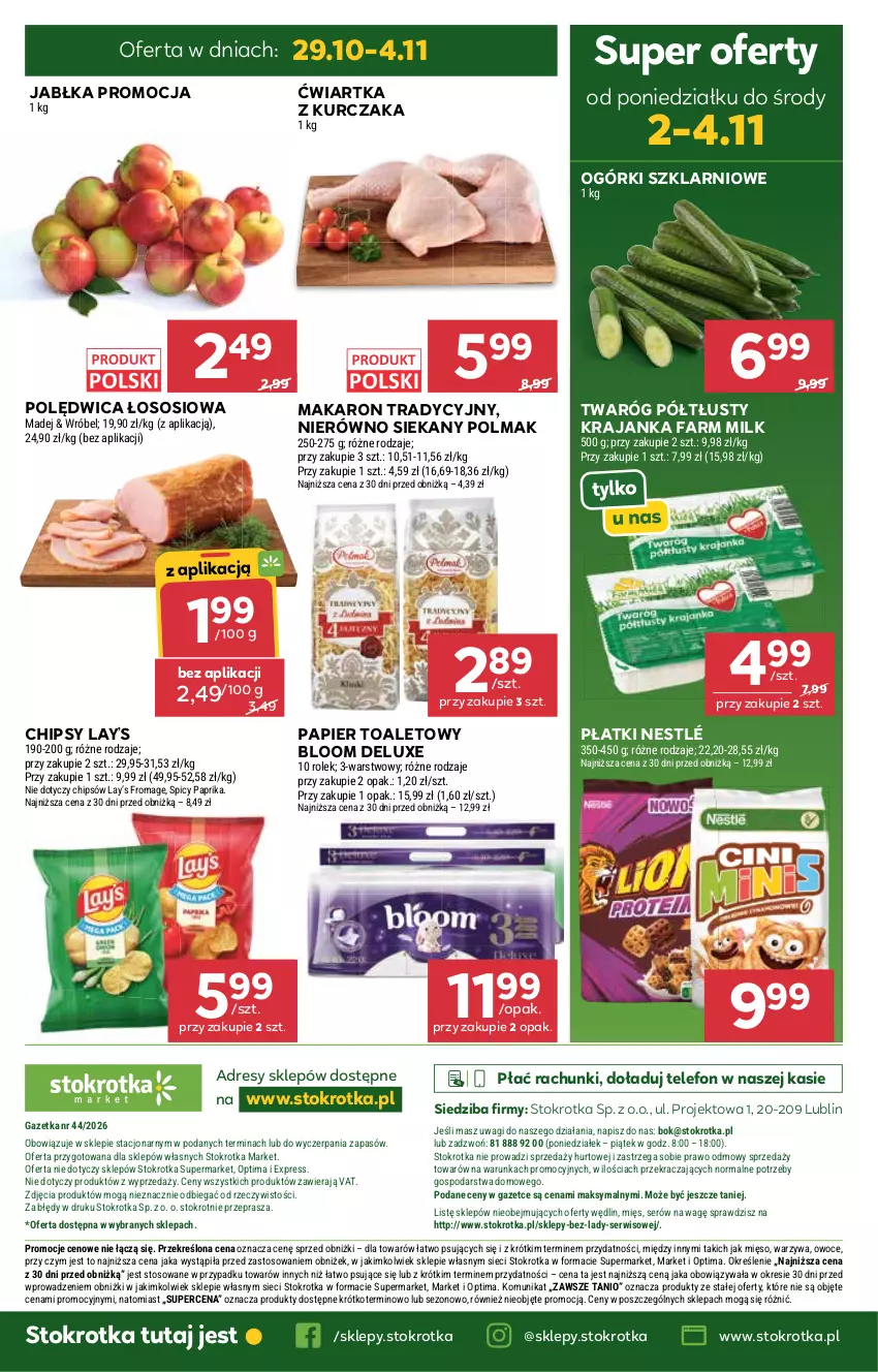 Gazetka promocyjna Stokrotka - Market - ważna 29.10 do 04.11.2026 - strona 41 - produkty: Chipsy, Dres, Fa, Farm Milk, Jabłka, Kurczak, Lay’s, Makaron, Mięso, Nestlé, O nas, Olma, Optima, Owoce, Papier, Papier toaletowy, Polędwica, Ser, Sos, Telefon, Twaróg, Twaróg półtłusty, Wagi, Warzywa