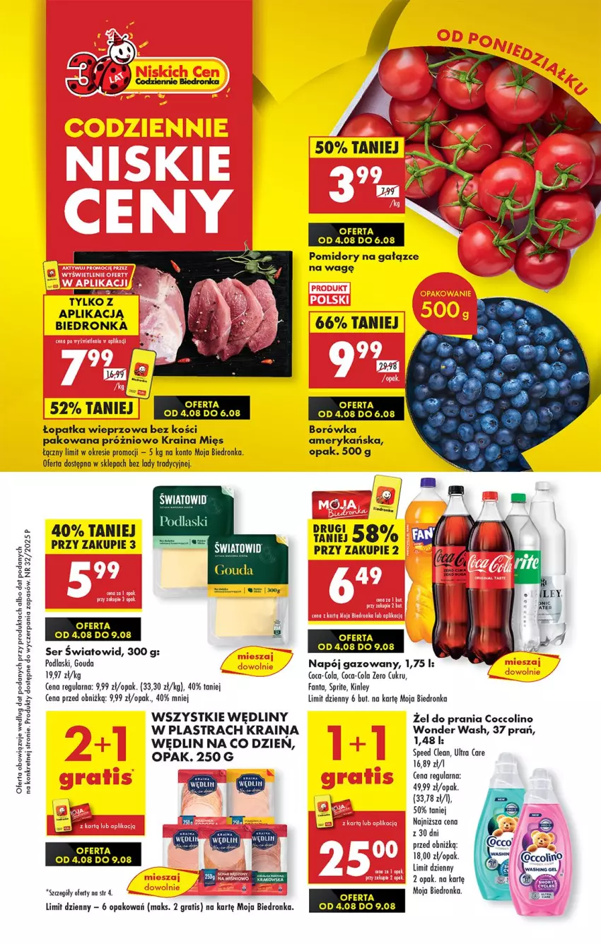 Gazetka promocyjna Biedronka - Od Poniedziałku - ważna 04.08 do 09.08.2025 - strona 1 - produkty: Borówka, Borówka amerykańska, Coca-Cola, Coccolino, Fa, Fanta, Gouda, Gra, Kret, LG, Napój, Napój gazowany, Podlaski, Pomidory, Por, Ser, Sprite