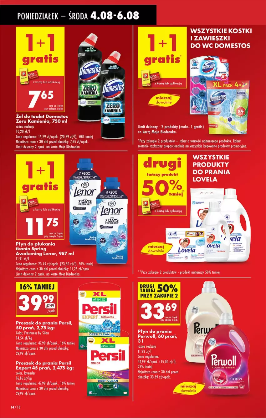 Gazetka promocyjna Biedronka - Od Poniedziałku - ważna 04.08 do 09.08.2025 - strona 14 - produkty: Domestos, Gra, Lenor, Lovela, Persil, Perwoll, Płyn do płukania, Płyn do prania, Por, Proszek do prania, Silan, Zawieszki