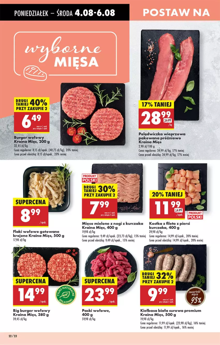 Gazetka promocyjna Biedronka - Od Poniedziałku - ważna 04.08 do 09.08.2025 - strona 30 - produkty: Burger, Flaki, Flaki wołowe, Kiełbasa, Kiełbasa biała, Kurczak, Mięso, Mięso mielone, Polędwiczka wieprzowa