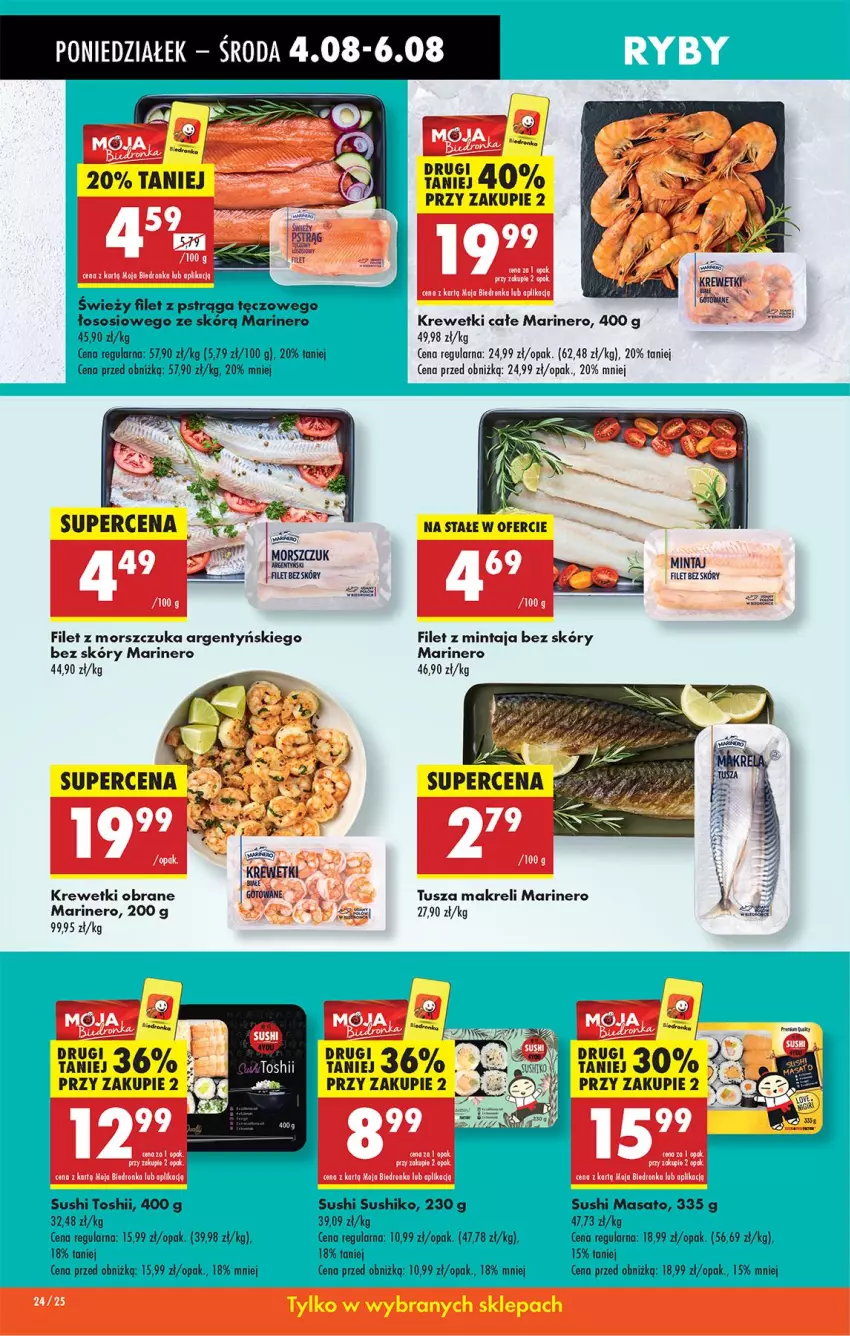 Gazetka promocyjna Biedronka - Od Poniedziałku - ważna 04.08 do 09.08.2025 - strona 34 - produkty: Filet z mintaja, Filet z morszczuka, Filet z pstrąga, Krewetki, Mintaj, Pstrąg, Sos, Sushi, Tusz
