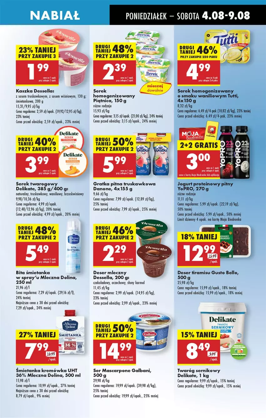 Gazetka promocyjna Biedronka - Od Poniedziałku - ważna 04.08 do 09.08.2025 - strona 43 - produkty: Bell, Danone, Deser, Deser mleczny, Galbani, Gra, Kremówka, Mascarpone, Olej, Oleo, Piątnica, Ser, Serek, Serek homogenizowany, Serek twarogowy, Sos, Twaróg