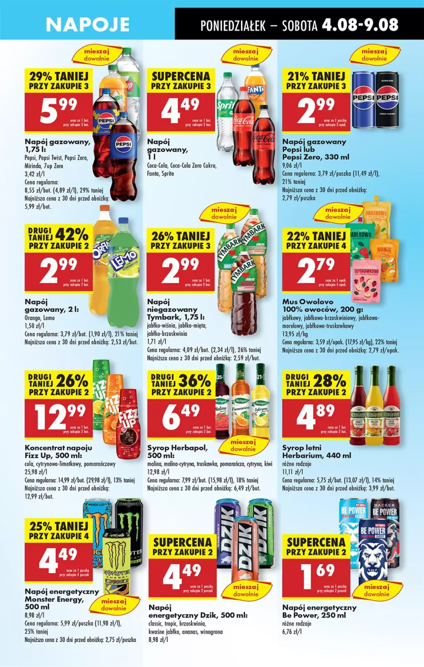 Gazetka promocyjna Biedronka - Od Poniedziałku - ważna 04.08 do 09.08.2025 - strona 59 - produkty: 7up, Ananas, Coca-Cola, Fa, Fanta, Herbapol, Kiwi, Mięta, Mirinda, Mus, Napój, Napój energetyczny, Napój gazowany, Napoje, Pepsi, Sprite, Syrop, Tymbark, Wino, Winogrona