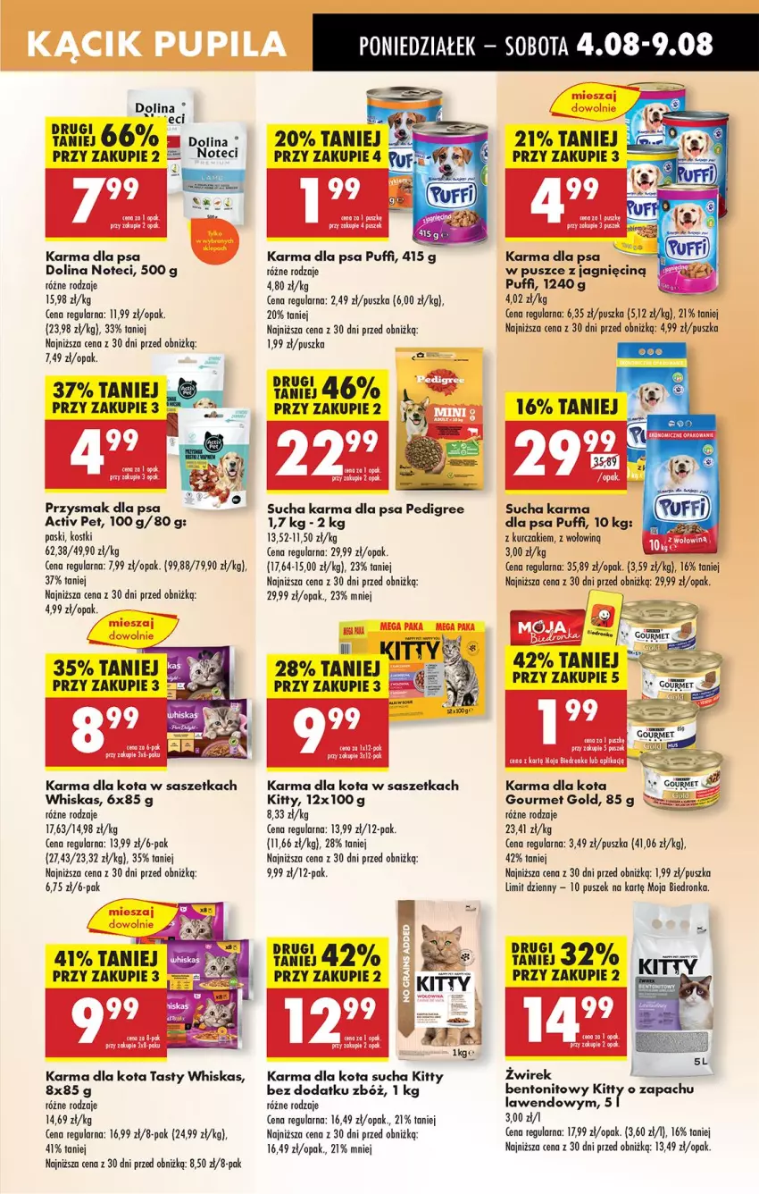 Gazetka promocyjna Biedronka - Od Poniedziałku - ważna 04.08 do 09.08.2025 - strona 63 - produkty: Gourmet Gold, Kurczak, LANA, Mus, Pedigree, Przysmak dla psa, Puf, Sucha karma, Whiskas