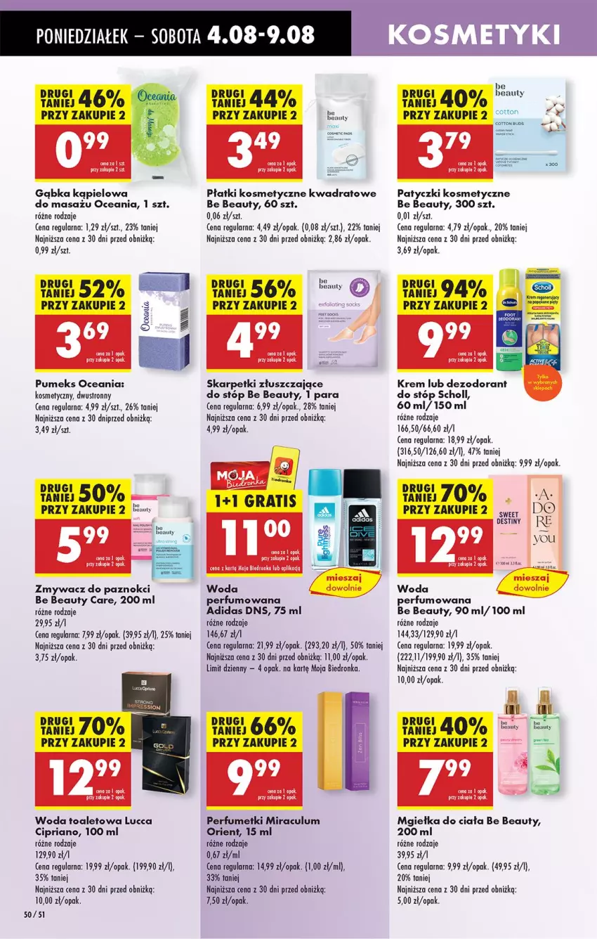 Gazetka promocyjna Biedronka - Od Poniedziałku - ważna 04.08 do 09.08.2025 - strona 70 - produkty: Adidas, Be Be, Dezodorant, Karp, Patyczki kosmetyczne, Perfum, Płatki kosmetyczne, Pumeks, Scholl, Skarpetki, Woda, Woda toaletowa, Zmywacz do paznokci