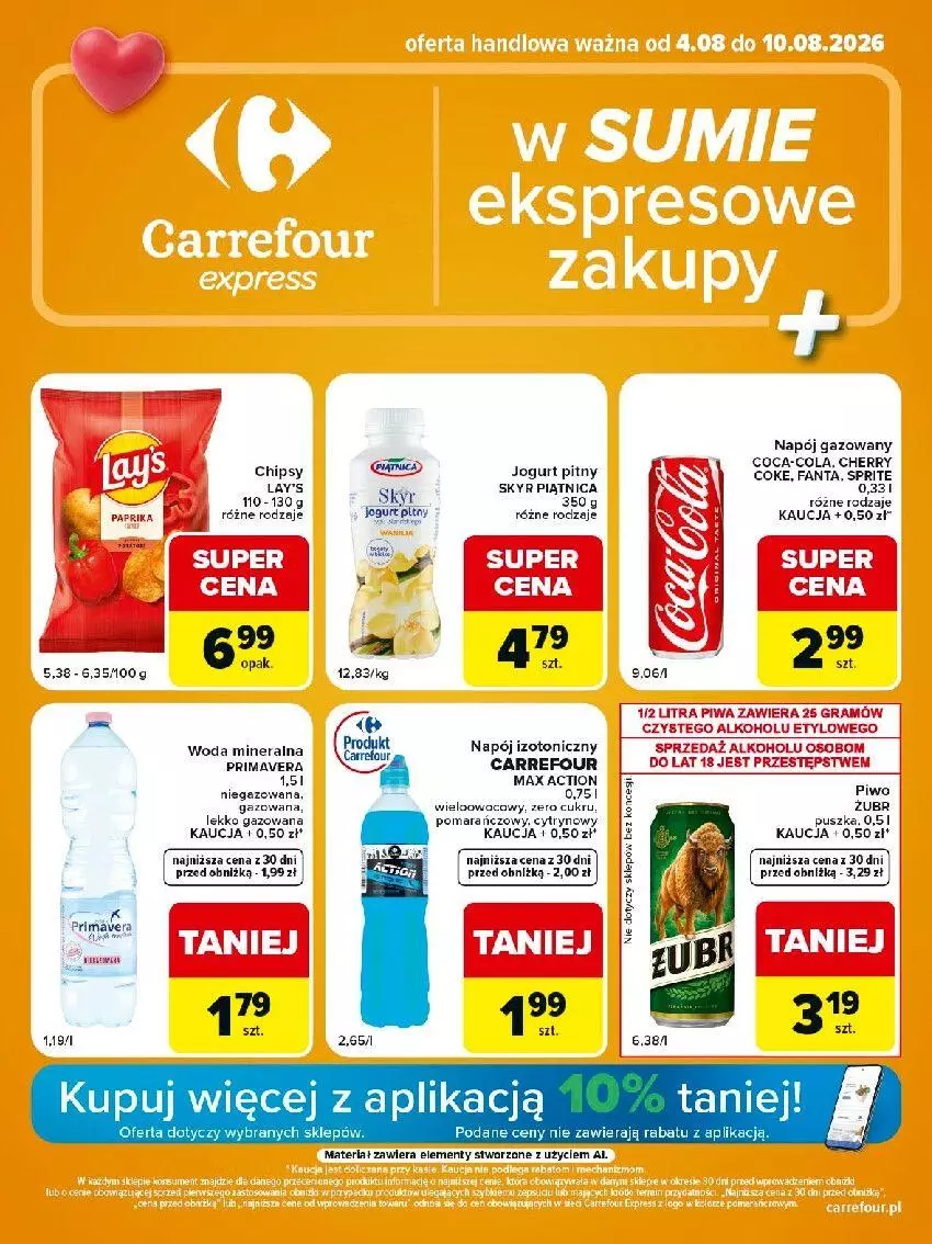 Gazetka promocyjna Carrefour - Gazetka Express w SUMIE ekspresowe zakupy - ważna 04.08 do 10.08.2026 - strona 1 - produkty: Coca-Cola, Fa, Fanta, Gra, Jogurt, Jogurt pitny, Napój, Napój izotoniczny, Piątnica, Piwa, Prima, Primavera, Sprite, Woda, Woda mineralna
