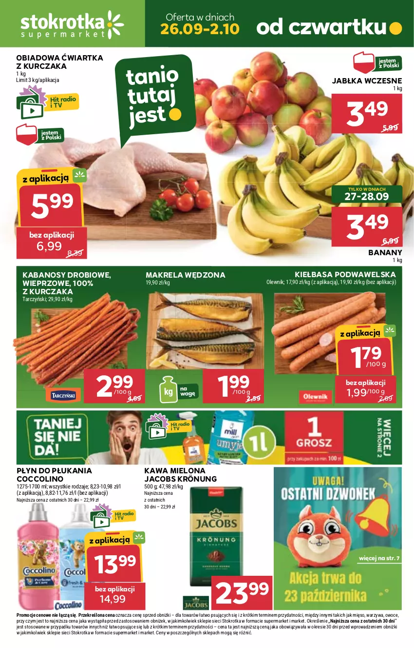 Gazetka promocyjna Stokrotka - Supermarket - ważna 26.09 do 02.10.2024 - strona 1 - produkty: Banany, Coccolino, Jabłka, Jacobs, Jacobs Krönung, Kabanos, Kawa, Kawa mielona, Kiełbasa, Kiełbasa podwawelska, Kurczak, Mięso, Olewnik, Owoce, Płyn do płukania, Tarczyński, Warzywa, Wawel