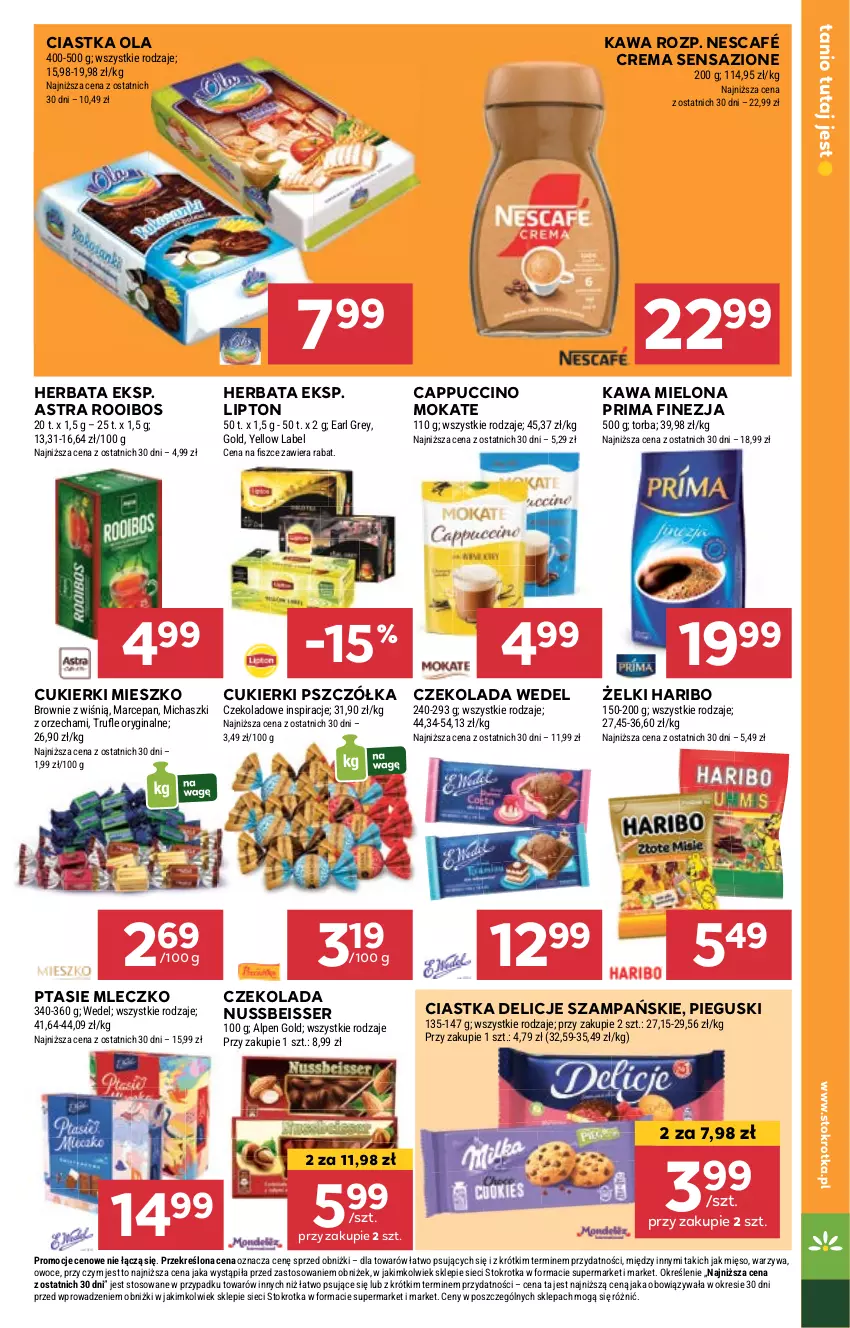 Gazetka promocyjna Stokrotka - Supermarket - ważna 26.09 do 02.10.2024 - strona 17 - produkty: Brownie, Cappuccino, Ciastka, Cukier, Cukierki, Czekolada, Delicje, Earl Grey, Gin, Haribo, Herbata, Kawa, Kawa mielona, Lipton, Mięso, Mleczko, Nescafé, Owoce, Prima, Ptasie mleczko, Ser, Torba, Warzywa