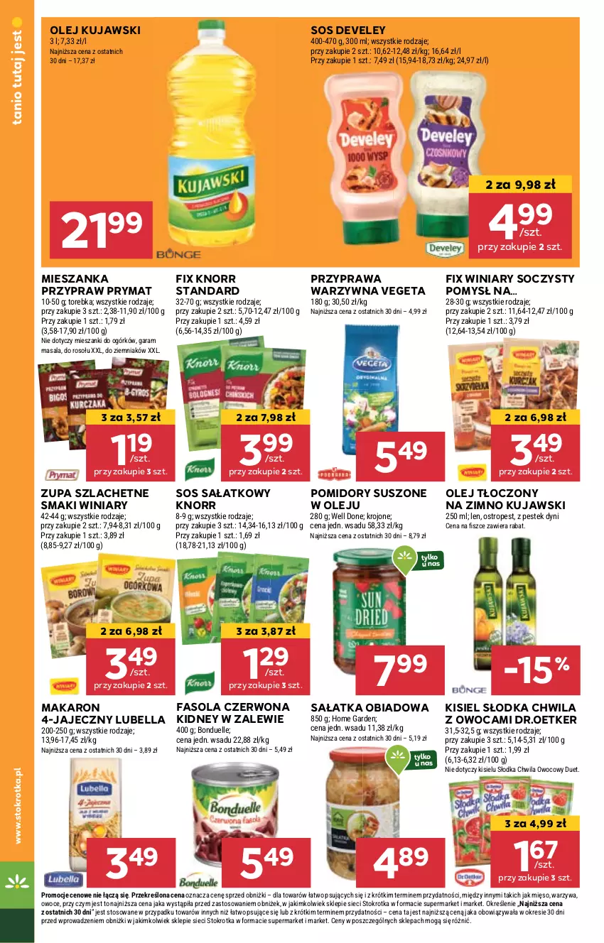 Gazetka promocyjna Stokrotka - Supermarket - ważna 26.09 do 02.10.2024 - strona 22 - produkty: Bell, Bella, Bonduelle, Fa, Fasola, Kisiel, Knorr, Kujawski, Lubella, Makaron, Mięso, Olej, Ostropes, Owoce, Pomidory, Prymat, Sałat, Sałatka, Słodka Chwila, Sos, Stek, Torebka, Vegeta, Warzywa, Winiary, Zupa