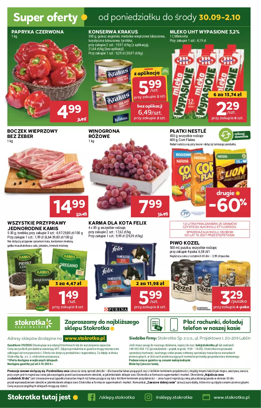 Gazetka promocyjna Stokrotka - Supermarket - ważna 26.09 do 02.10.2024 - strona 32 - produkty: Boczek, Boczek wieprzowy, Corn flakes, Dres, Felix, Gałka, Gra, JBL, Kamis, Kminek, Kozel, Krakus, Mięso, Mleko, Mlekovita, Mus, Nestlé, O nas, Owoce, Papryka, Papryka czerwona, Piwa, Piwo, Przyprawy, Ser, Telefon, Torebka, Wagi, Warzywa, Wino, Winogrona