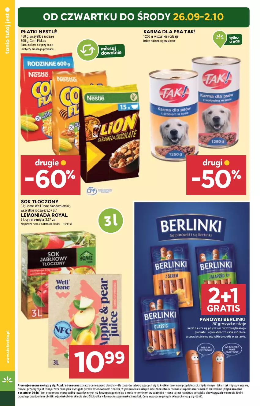 Gazetka promocyjna Stokrotka - Supermarket - ważna 26.09 do 02.10.2024 - strona 4 - produkty: Berlinki, Corn flakes, Gra, Lemoniada, Mięso, Mięta, Nestlé, Owoce, Parówki, Por, Sok, Warzywa