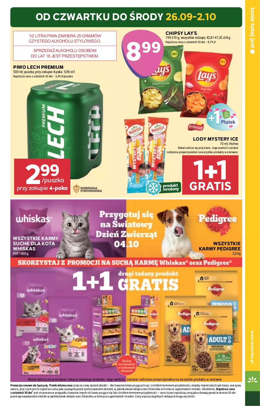 Gazetka promocyjna Stokrotka - Supermarket - ważna 26.09 do 02.10.2024 - strona 5 - produkty: Chipsy, Gra, Hortex, Lay’s, Lech Premium, Lody, Mięso, Owoce, Pedigree, Piwa, Piwo, Por, Warzywa, Whiskas