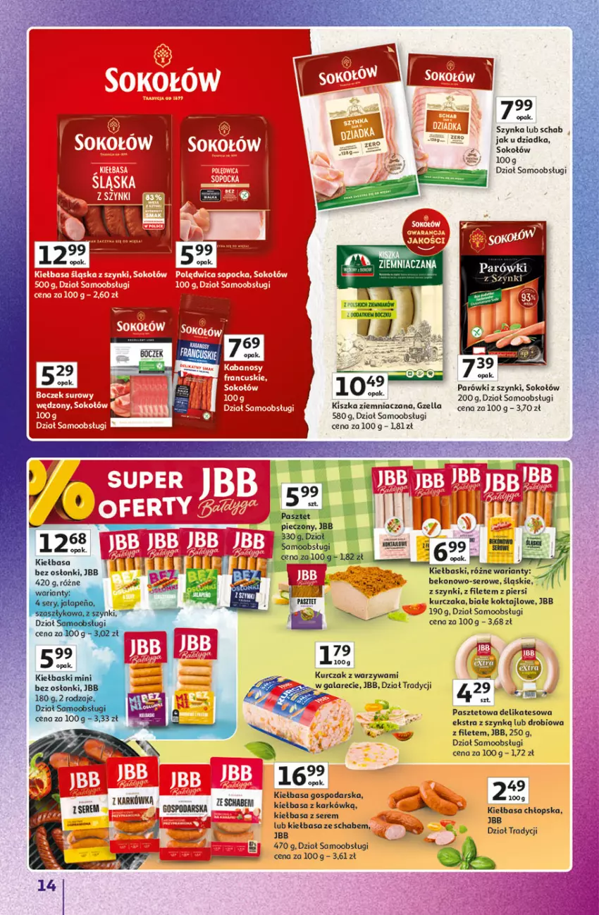 Gazetka promocyjna Auchan - Znane marki duży wybór Hipermarket - ważna 04.09 do 10.09.2025 - strona 14 - produkty: Beko, Dada, Gala, Kiełbasa, Kurczak, Parówki, Parówki z szynki, Pasztet, Ser, Sok, Sokołów, Szynka, Warzywa