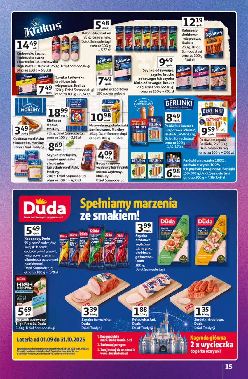 Gazetka promocyjna Auchan - Znane marki duży wybór Hipermarket - ważna 04.09 do 10.09.2025 - strona 15 - produkty: Berlinki, Boczek, Duda, Fa, Gin, Gra, Kabanos, Kiełbasa, Krakus, Kurczak, Morliny, Parówki, Parówki z szynki, Por, Ser, Sport, Szynka, Szynka farmerska, Szynka Królewska