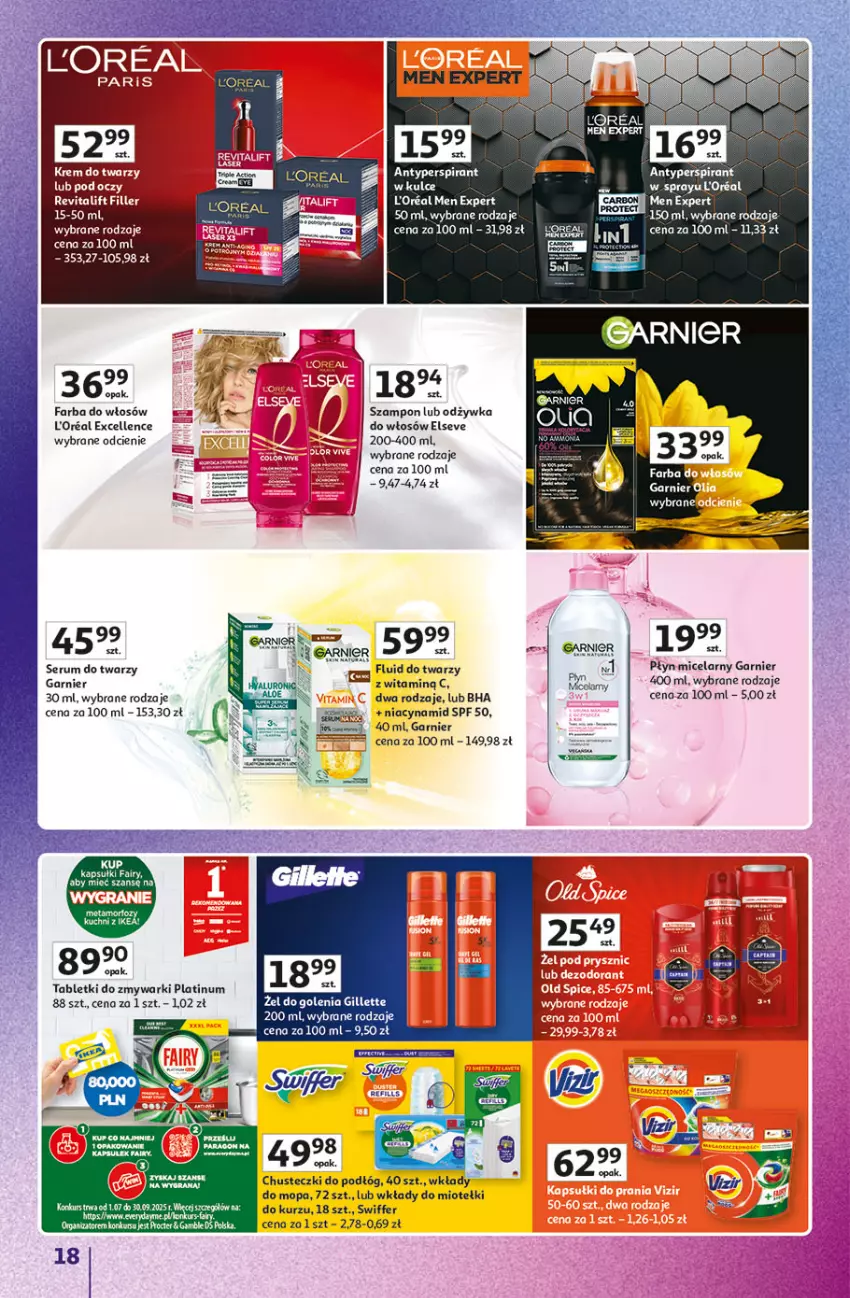 Gazetka promocyjna Auchan - Znane marki duży wybór Hipermarket - ważna 04.09 do 10.09.2025 - strona 18 - produkty: Antyperspirant, Chusteczki, Elseve, Fa, Fairy, Farba do włosów, Garnier, Gillette, Mop, Odżywka, Płyn micelarny, Rum, Ser, Serum, Serum do twarzy, Szampon, Tablet, Tabletki do zmywarki, Zmywarki