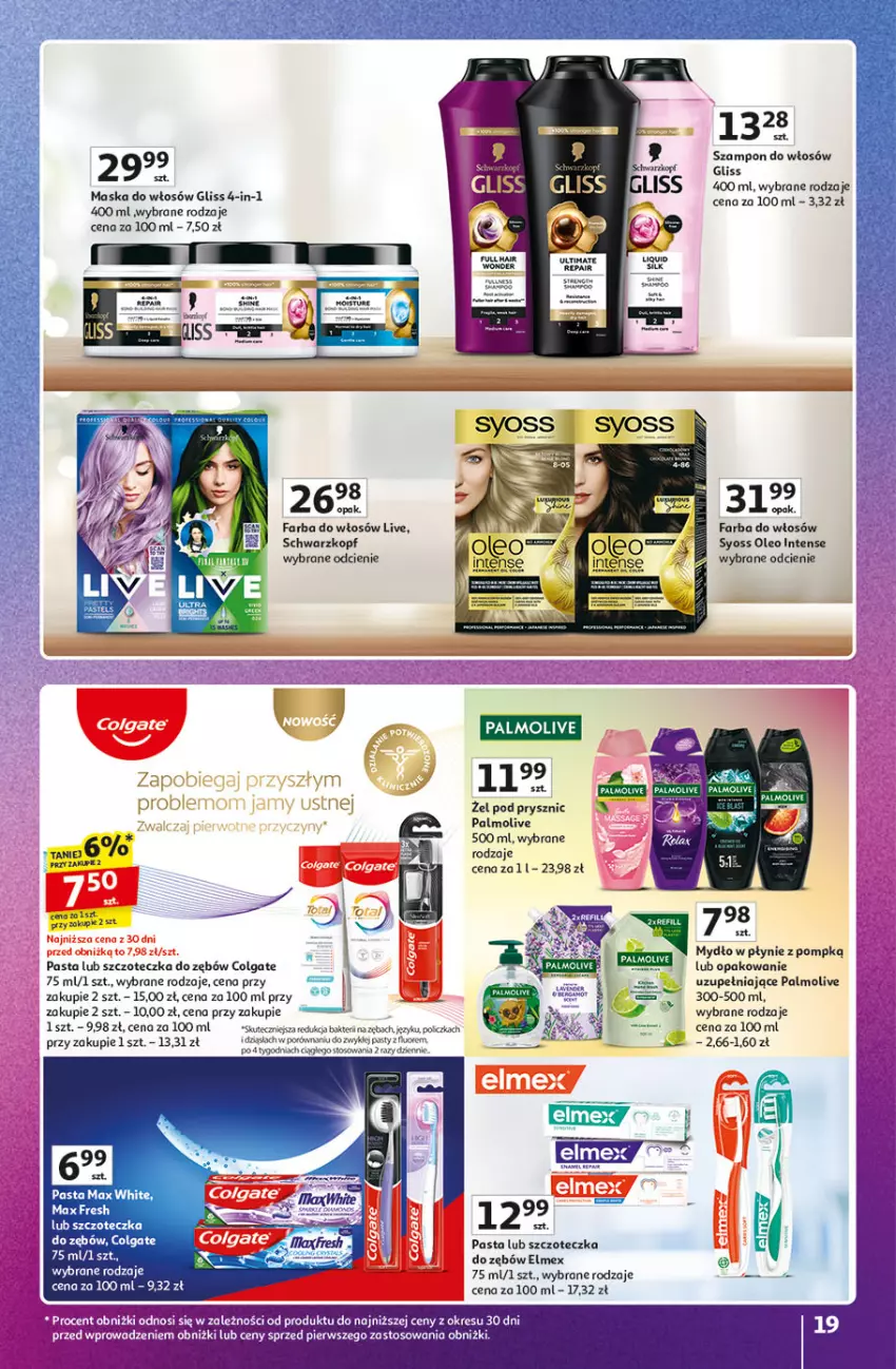 Gazetka promocyjna Auchan - Znane marki duży wybór Hipermarket - ważna 04.09 do 10.09.2025 - strona 19 - produkty: Colgate, Elmex, Fa, Farba do włosów, LG, Maska, Maska do włosów, Mydło, Mydło w płynie, Oleo, Palmolive, Por, Schwarzkopf, Syoss, Szampon, Szczoteczka, Szczoteczka do zębów