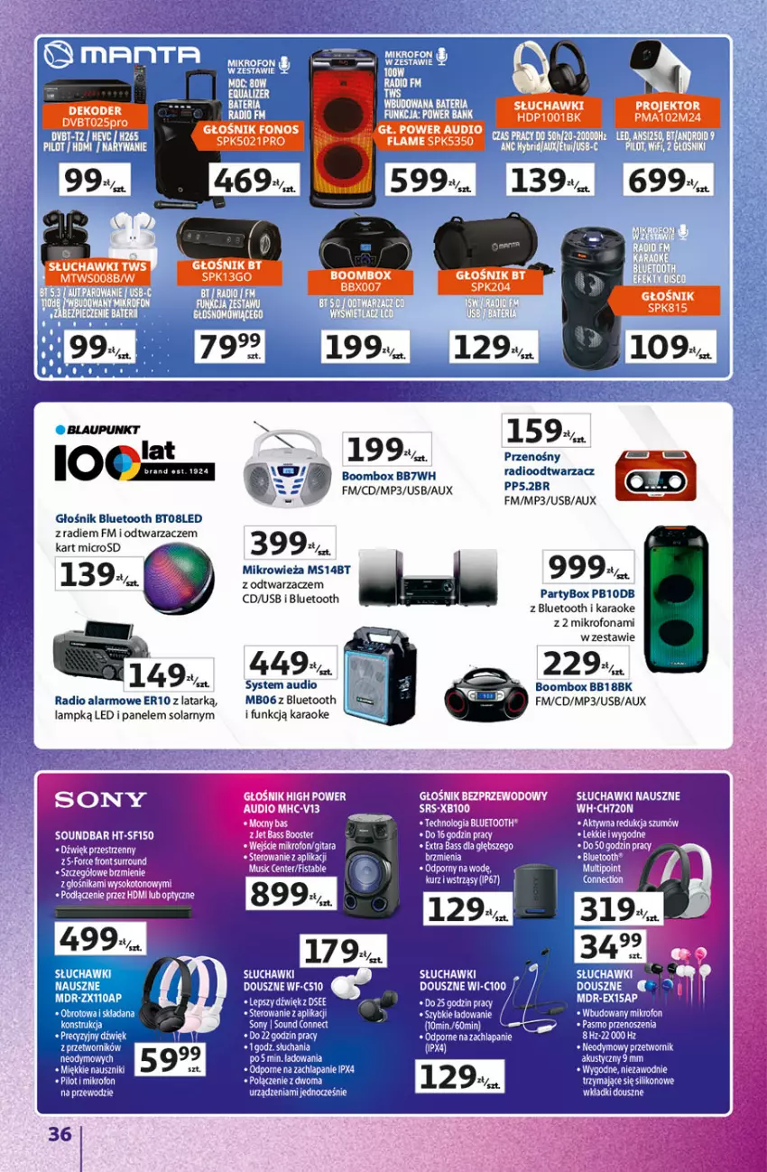 Gazetka promocyjna Auchan - Znane marki duży wybór Hipermarket - ważna 04.09 do 10.09.2025 - strona 36 - produkty: Głośnik, Głośnik bluetooth, K2, Mikrofon, Mikrowieża, Mus, Por, Power audio, Radioodtwarzacz, Słuchawki, Sok, Sony, Soundbar