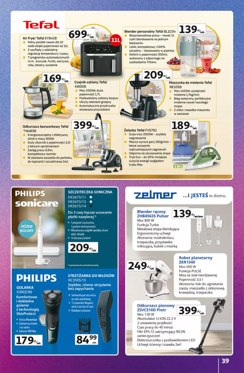 Gazetka promocyjna Auchan - Znane marki duży wybór Hipermarket - ważna 04.09 do 10.09.2025 - strona 39 - produkty: Akumulator, Blender, Blender ręczny, Czajnik, Deser, Fa, Frytki, Gra, Kubek, Kurczak, Maszynka, Maszynka do mielenia, Mieszadło, Odkurzacz, Por, Robot, Robot planetarny, Rozdrabniacz, Ser, Szczoteczka, Szczoteczka soniczna, Szczotka, Szynka, Tefal, Top, Trzepaczka, Warzywa