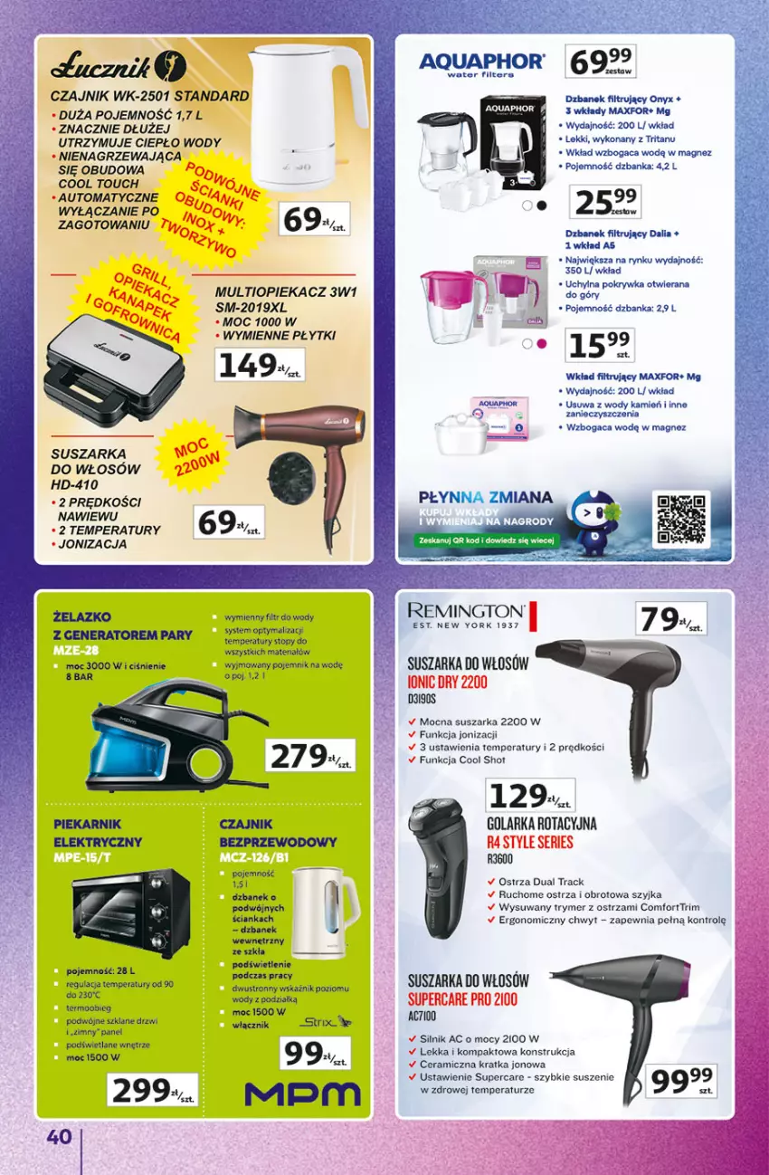 Gazetka promocyjna Auchan - Znane marki duży wybór Hipermarket - ważna 04.09 do 10.09.2025 - strona 40 - produkty: Aquaphor, Czajnik, Drzwi, Dzbanek, Dzbanek filtrujący, Golarka, Magnez, Piekarnik, Pokrywa, Remington, Suszarka, Wkład filtrujący