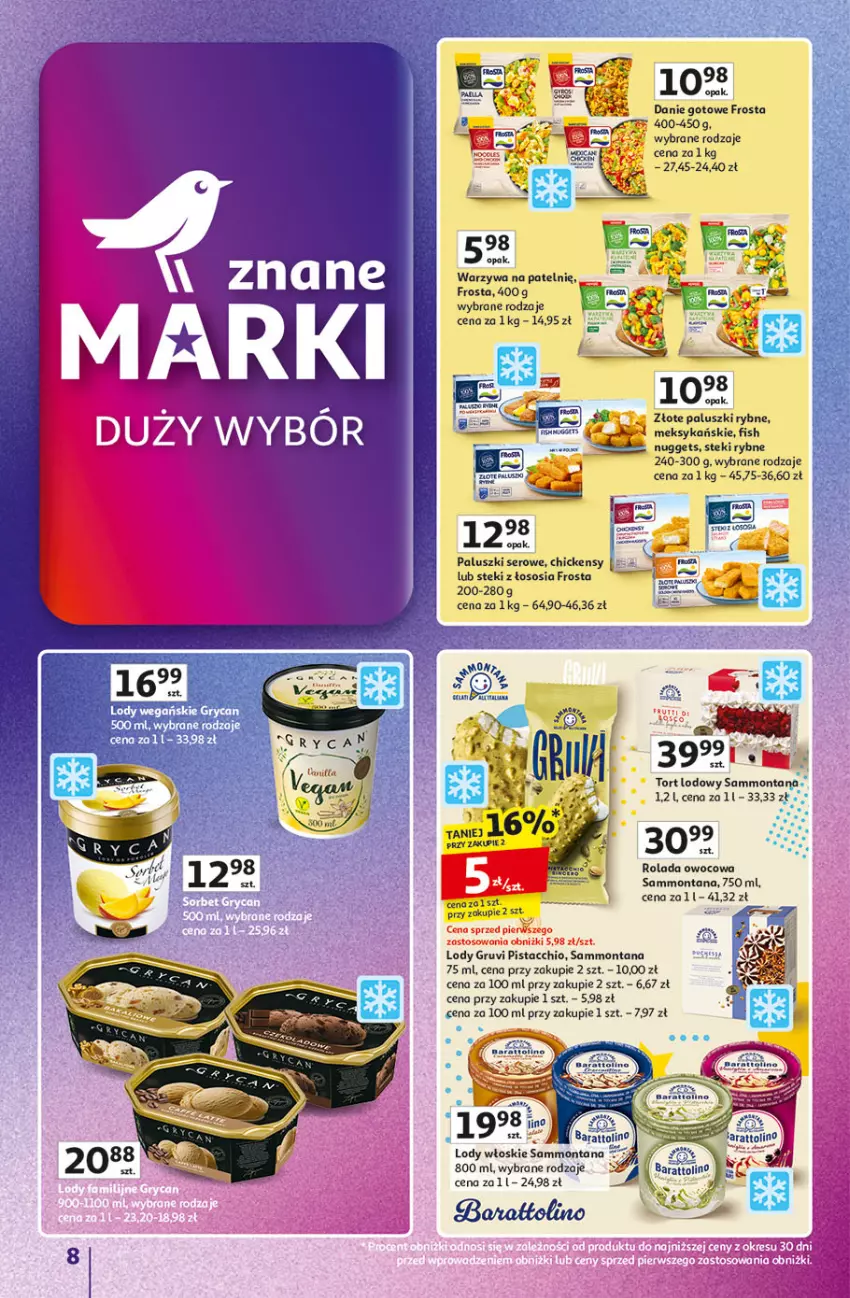 Gazetka promocyjna Auchan - Znane marki duży wybór Hipermarket - ważna 04.09 do 10.09.2025 - strona 8 - produkty: Danie gotowe, Frosta, Lody, Paluszki rybne, Por, Rolada, Ser, Sos, Stek, Warzywa