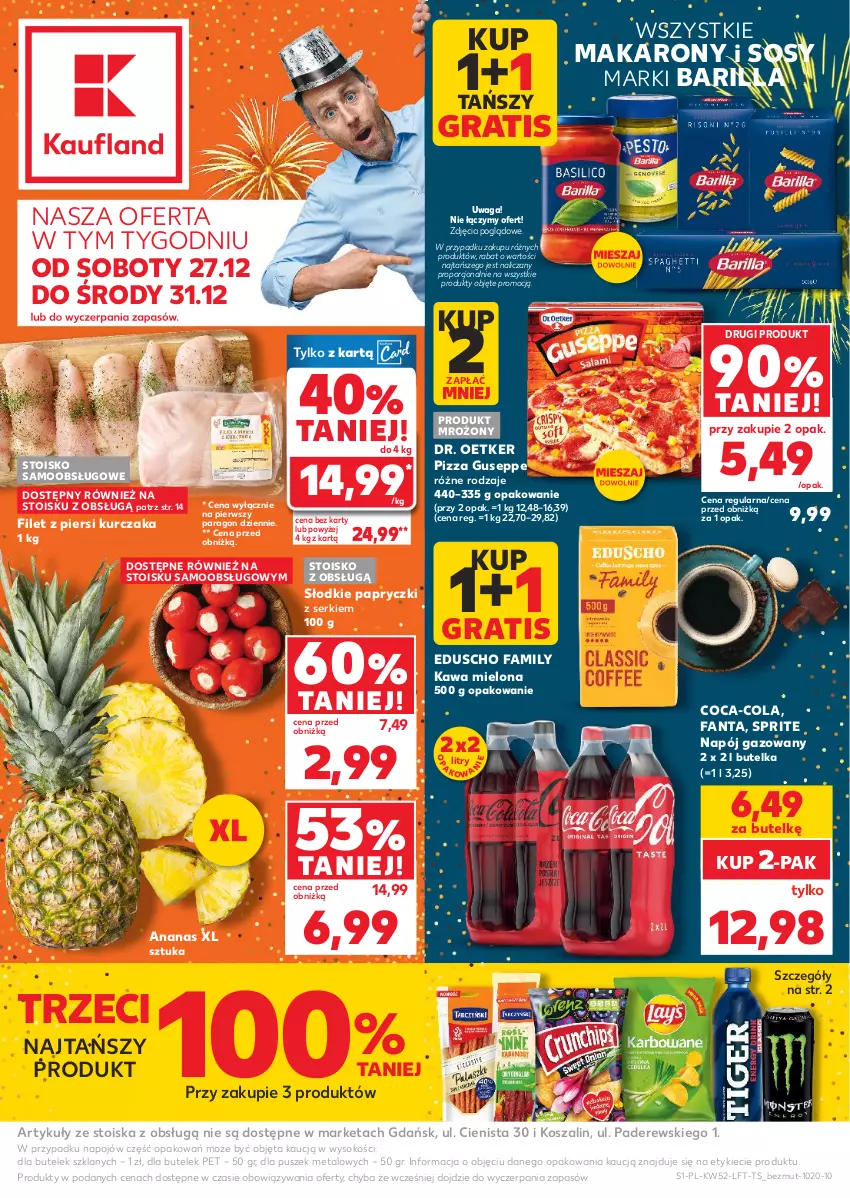Gazetka promocyjna Kaufland - Gazetka tygodnia - ważna 27.12.2025 do 31.12.2026 - strona 1 - produkty: Ananas, Barilla, Coca-Cola, Dr. Oetker, Fa, Fanta, Filet z piersi kurczaka, Gra, Kawa, Kawa mielona, Kosz, Kurczak, Makaron, Napój, Napój gazowany, Pizza, Por, Ser, Sok, Sos, Sprite, Szal, Waga
