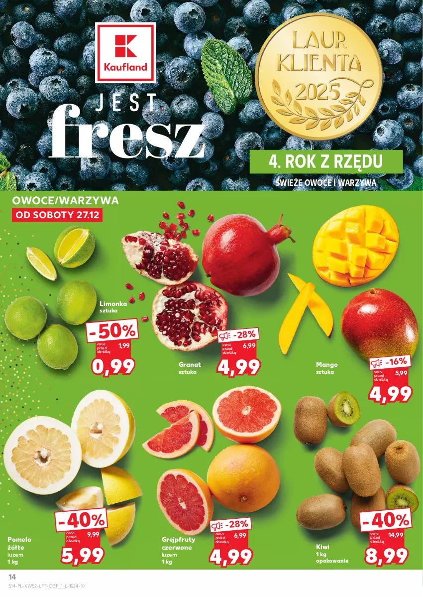 Gazetka promocyjna Kaufland - Gazetka tygodnia - ważna 27.12.2025 do 31.12.2026 - strona 14 - produkty: Gra, Granat, Grejpfrut, Kiwi, Limonka, Mango, Owoce, Pomelo, Warzywa