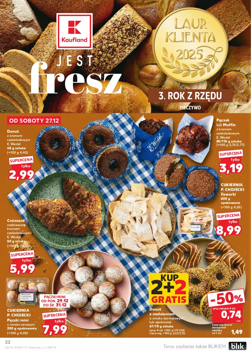 Gazetka promocyjna Kaufland - Gazetka tygodnia - ważna 27.12.2025 do 31.12.2026 - strona 22 - produkty: Croissant, Cukier, Donut, E. Wedel, Fa, Faworki, Gra, Pączek, Piec, Pieczywo, Ser, Tera