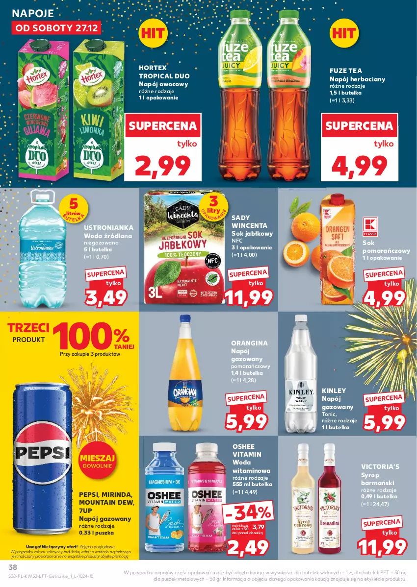 Gazetka promocyjna Kaufland - Gazetka tygodnia - ważna 27.12.2025 do 31.12.2026 - strona 38 - produkty: 7up, Gin, Hortex, LANA, Mirinda, Napój, Napój gazowany, Napoje, Oshee, Pepsi, Por, Sok, Sok jabłkowy, Sok pomarańczowy, Syrop, Tran, Tropical, Waga, Woda
