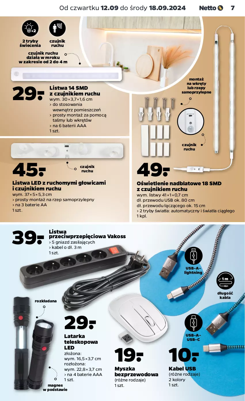 Gazetka promocyjna Netto - Od Czwartku Przemysłowa - ważna 12.09 do 18.09.2024 - strona 7 - produkty: Kabel USB, Latarka, Listwa, Mop, Mysz, Tarka, Teleskop, Wkręt, Wkrętów