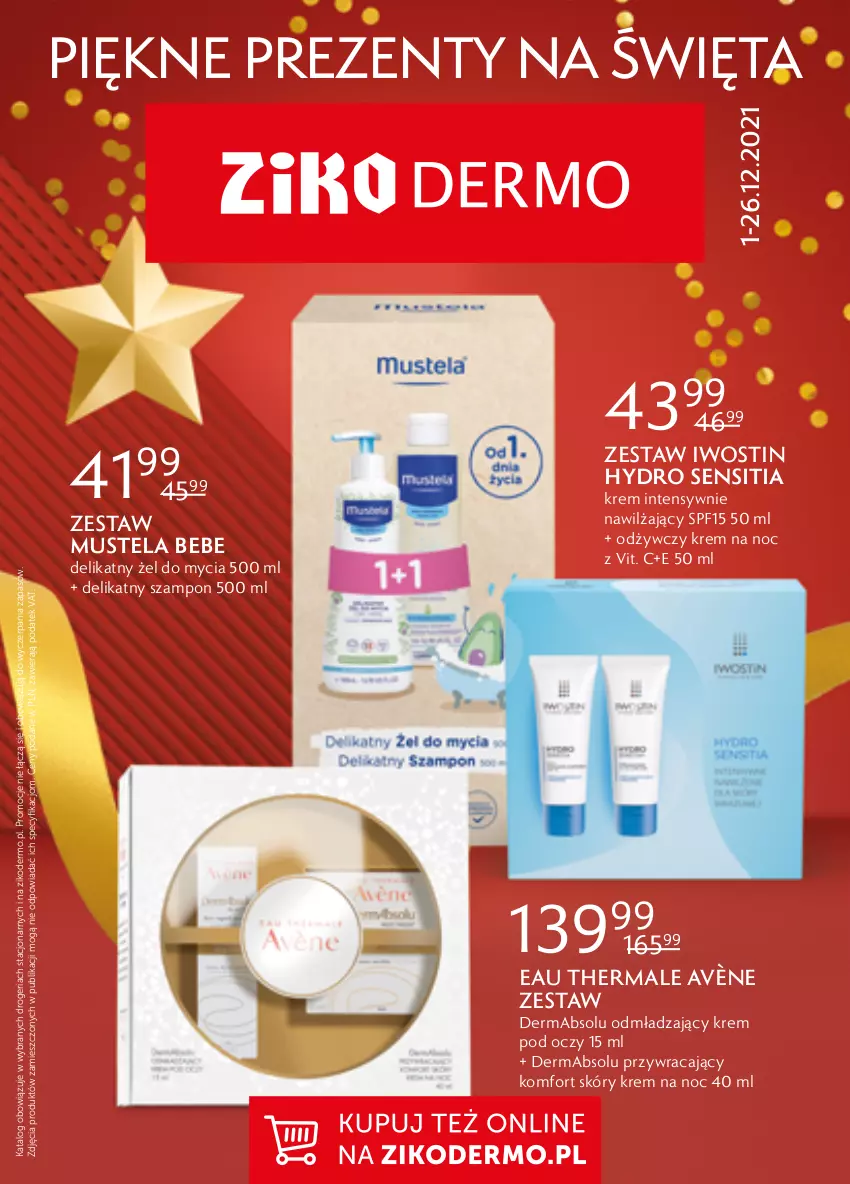 Gazetka promocyjna Ziko - ważna 01.12 do 26.12.2021 - strona 1 - produkty: Avène, Iwostin, Krem na noc, Krem pod oczy, Mus, Mustela, Szampon