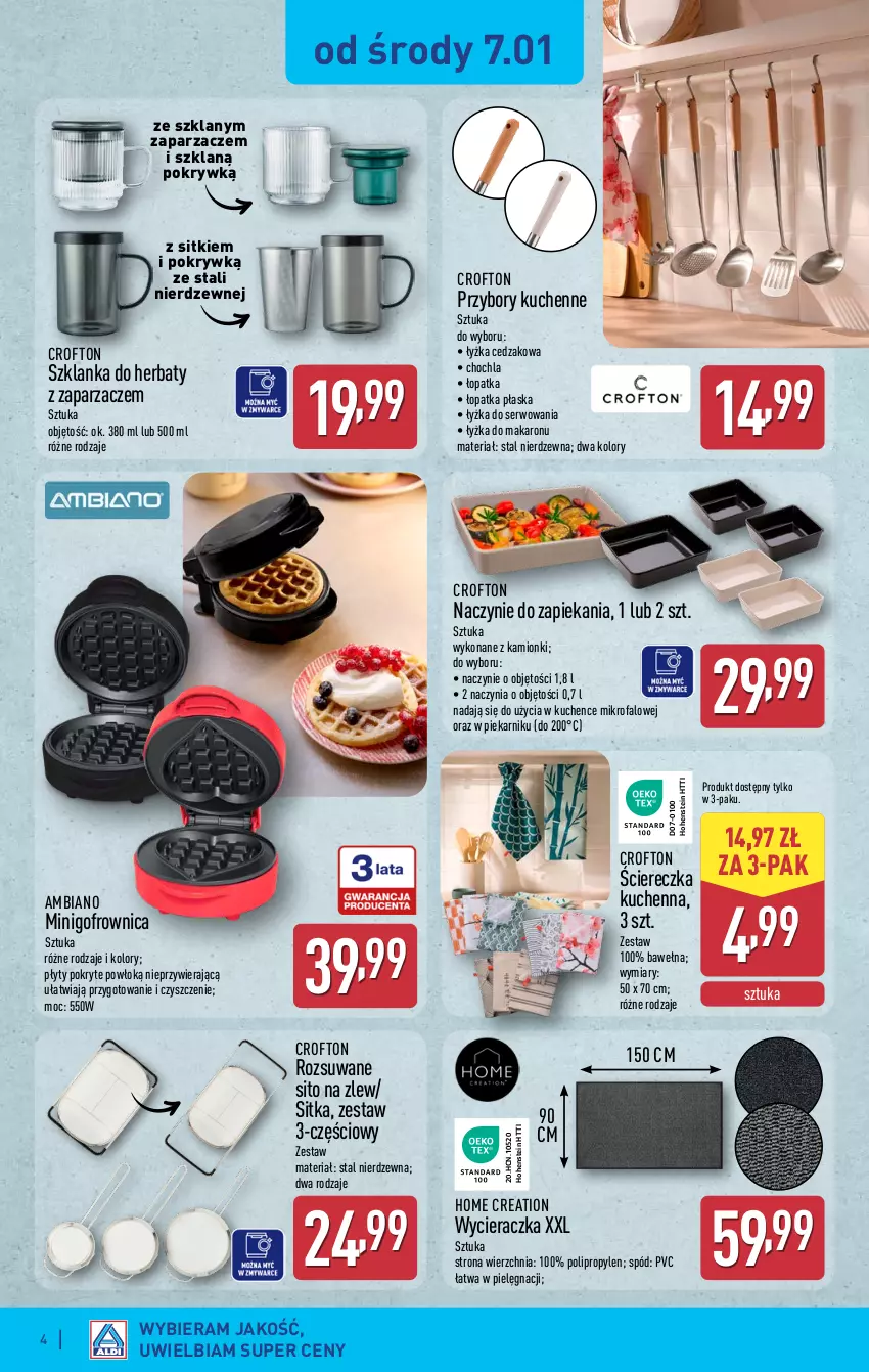 Gazetka promocyjna Aldi - Artykuły przemysłowe i tekstylia - ważna 07.01 do 10.01.2025 - strona 4 - produkty: Cedzak, Fa, Gofrownica, Makaron, Piekarnik, Przybory kuchenne, Ser, Sito, Szklanka, Wełna, Wycieraczka, Zaparzacz, Zlew