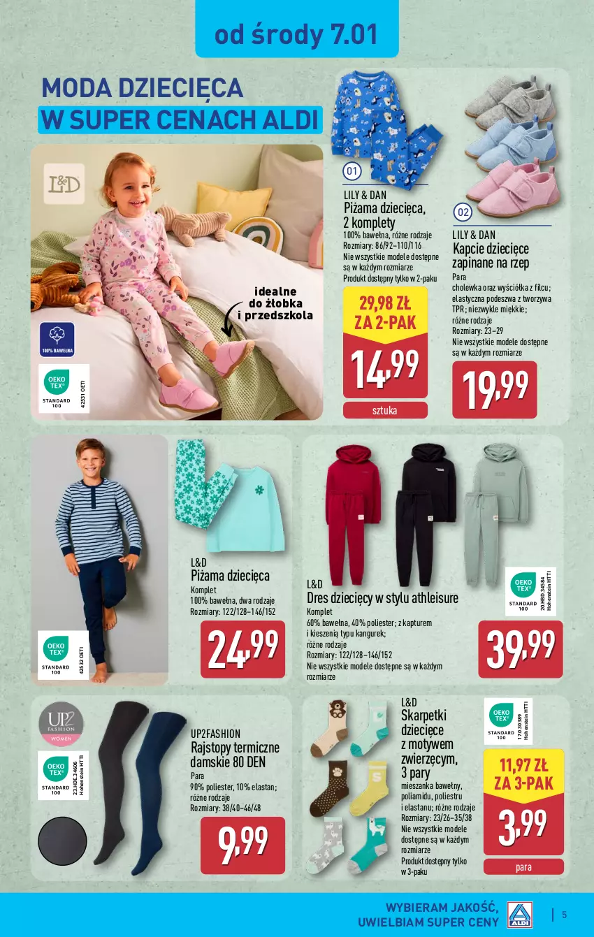 Gazetka promocyjna Aldi - Artykuły przemysłowe i tekstylia - ważna 07.01 do 10.01.2025 - strona 5 - produkty: Dres, Dzieci, Fa, Kapcie, Karp, Moda, Piżama, Rajstopy, Skarpetki, Top, Wełna