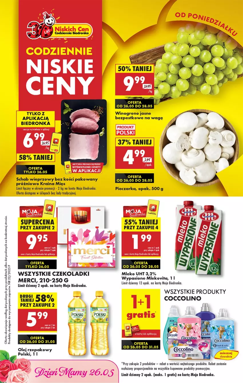Gazetka promocyjna Biedronka - Od Poniedziałku - ważna 26.05 do 31.05.2025 - strona 1 - produkty: Coccolino, Fa, Gra, Kret, LG, Merci, Mleko, Mlekovita, Olej, Olej rzepakowy, Piec, Pieczarka, Por, Schab wieprzowy, Wino