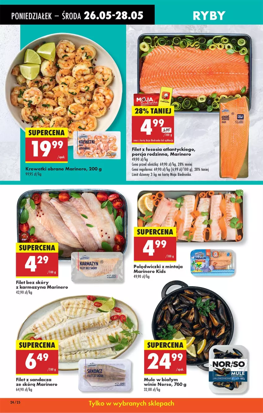 Gazetka promocyjna Biedronka - Od Poniedziałku - ważna 26.05 do 31.05.2025 - strona 28 - produkty: Filet z sandacza, Gra, Krewetki, Mintaj, Mule, Por, Sandacz, Sos