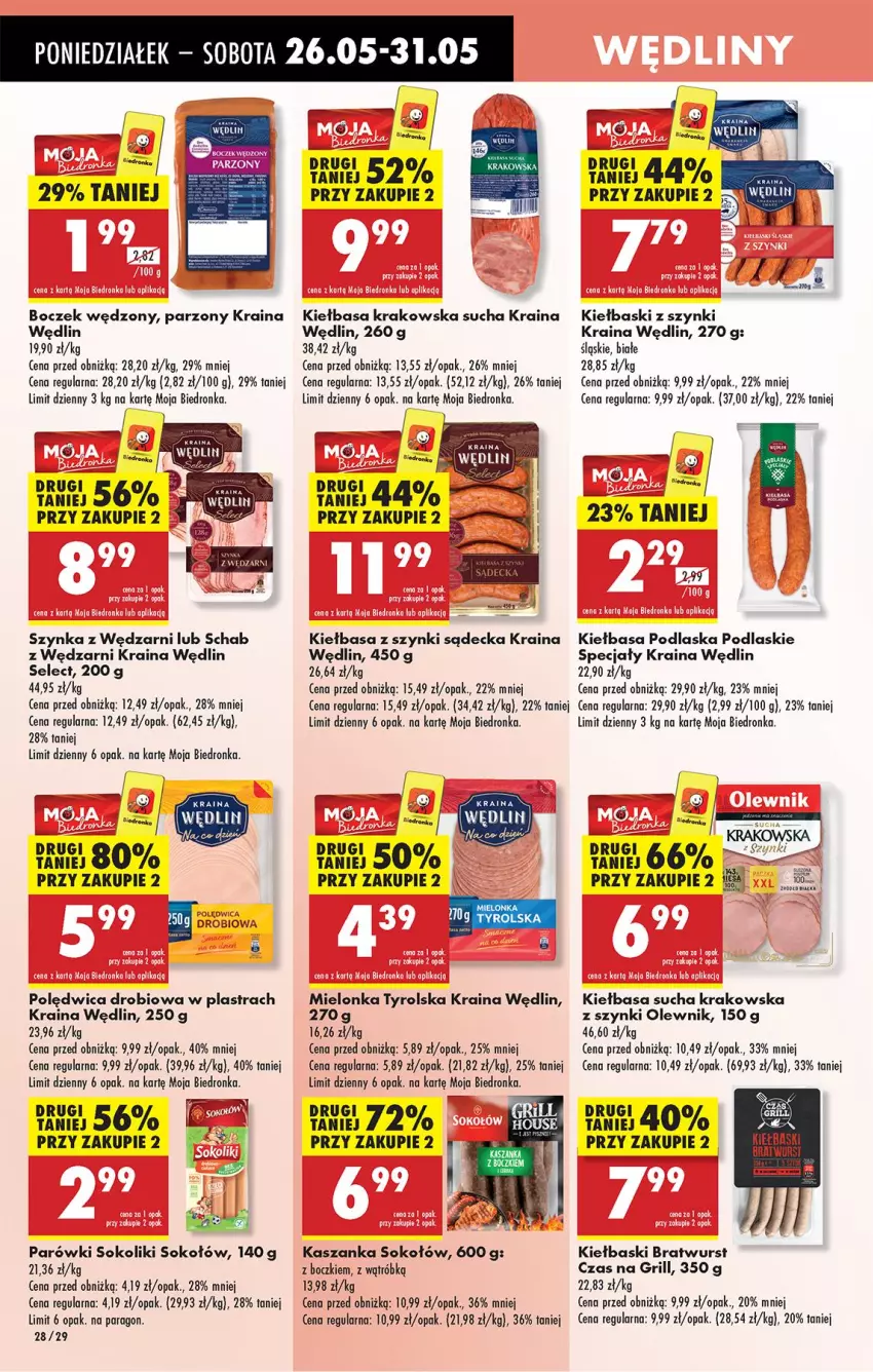 Gazetka promocyjna Biedronka - Od Poniedziałku - ważna 26.05 do 31.05.2025 - strona 34 - produkty: Boczek, Fa, Gra, Grill, Kasza, Kaszanka, Kiełbasa, Kiełbasa krakowska, Mielonka tyrolska, Olewnik, Parówki, Parówki sokoliki, Podlaski, Polędwica, Sok, Sokołów, Szynka