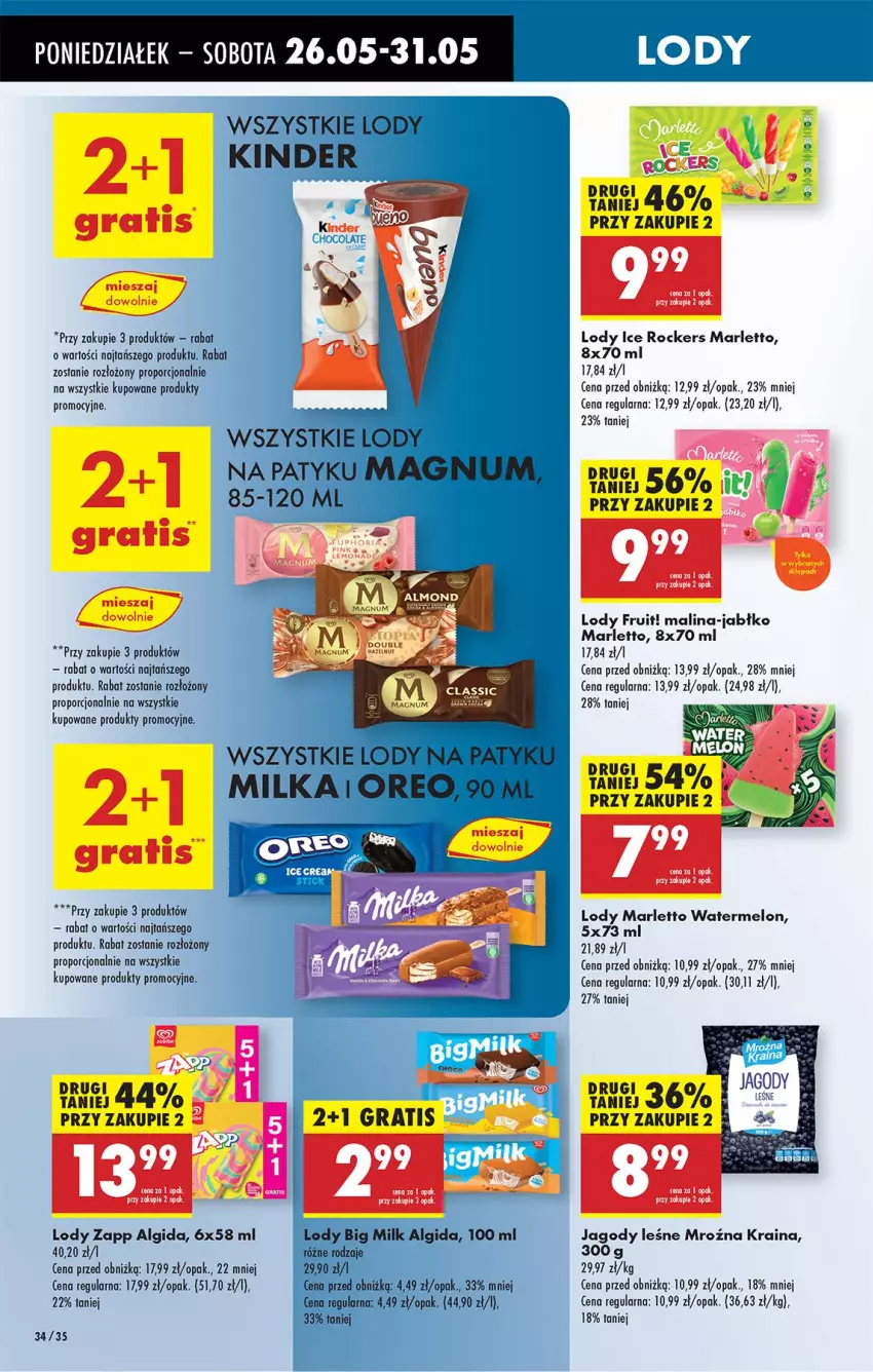 Gazetka promocyjna Biedronka - Od Poniedziałku - ważna 26.05 do 31.05.2025 - strona 40 - produkty: Algida, Big Milk, Jagody, Kinder, LG, Lody, Melon, Milka, Oreo, Por